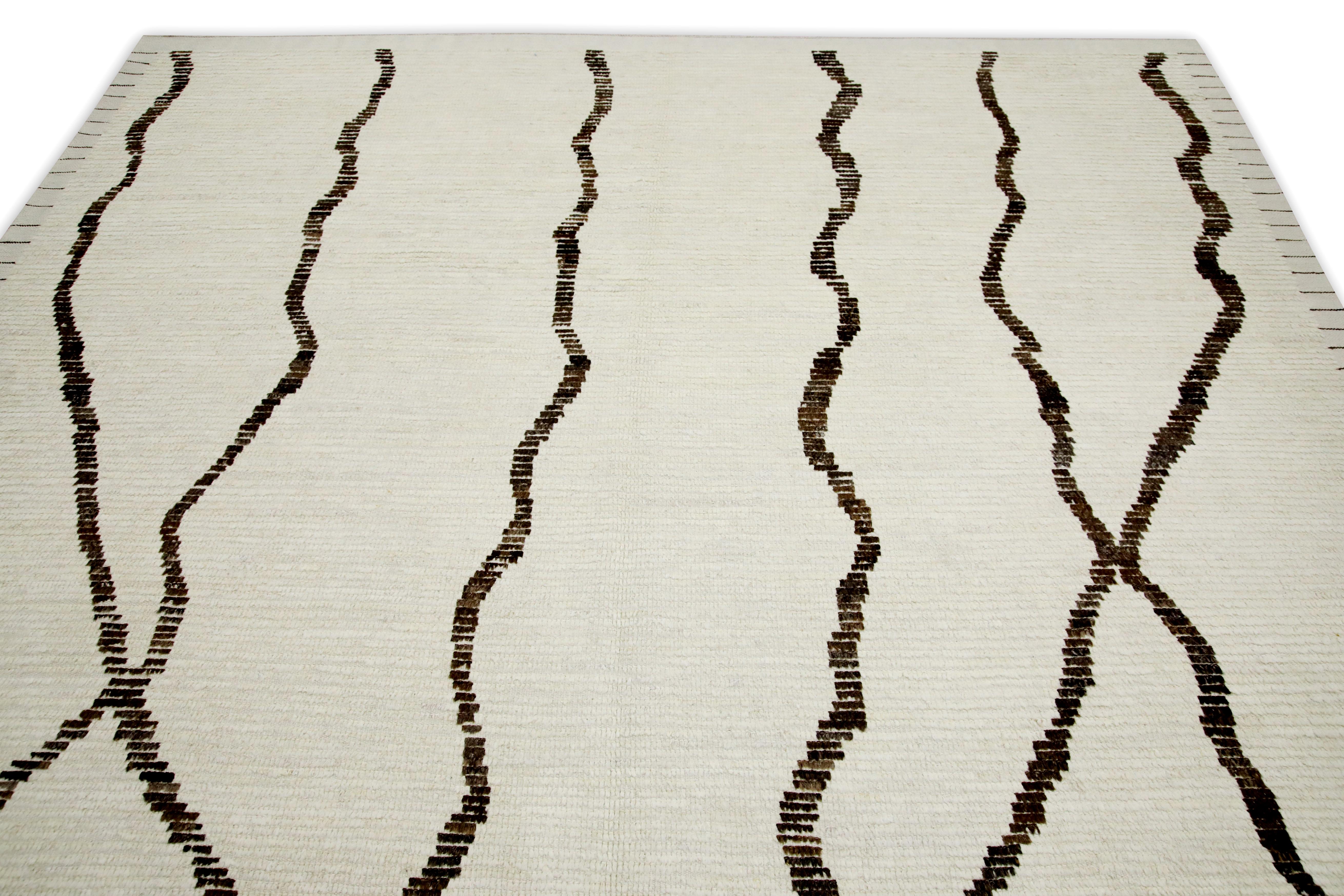 Turkish Beige Handmade Wool Tulu Rug in Brown Geometric Design 8'3
