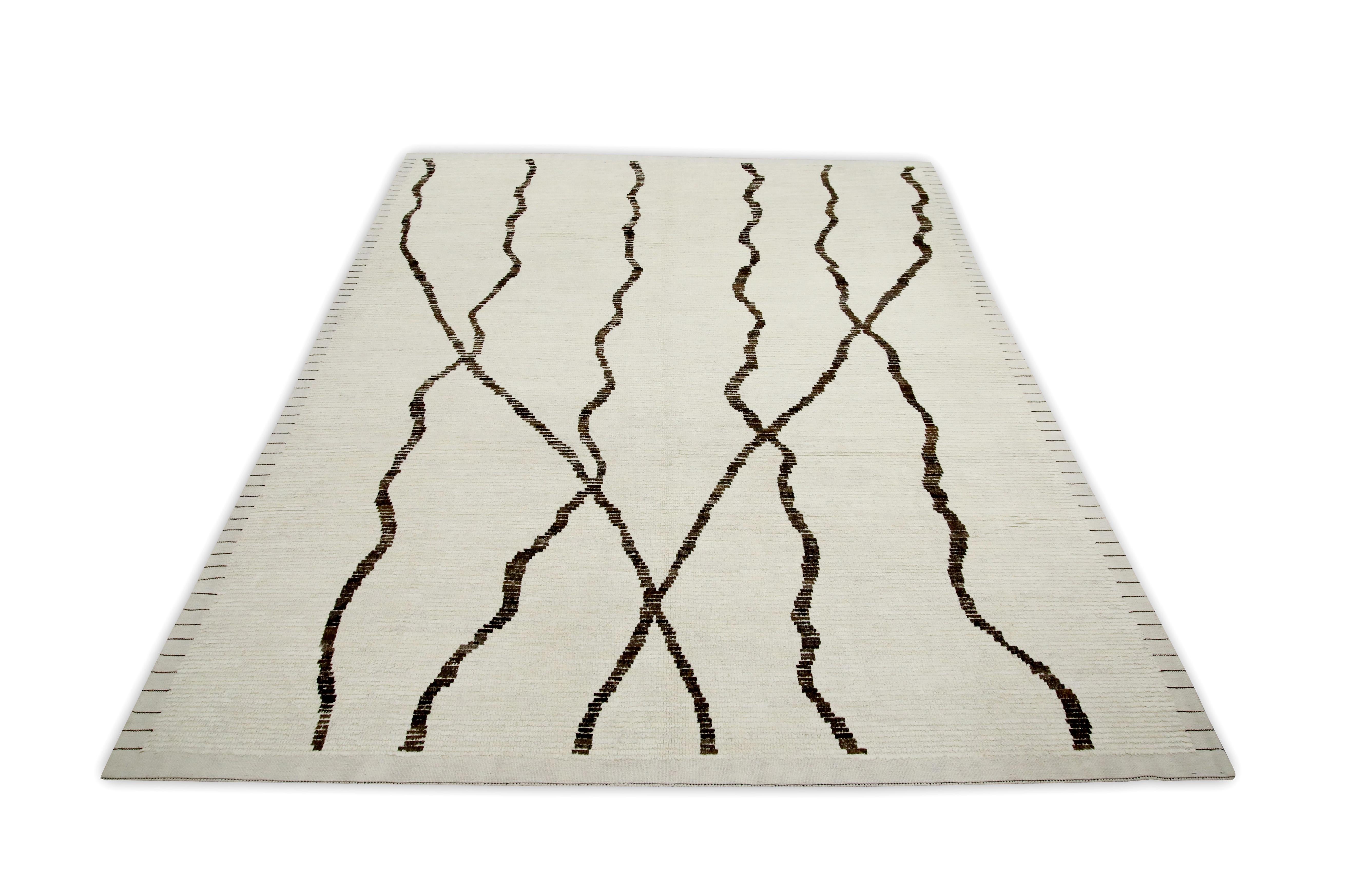 Beige Handmade Wool Tulu Rug in Brown Geometric Design 8'3