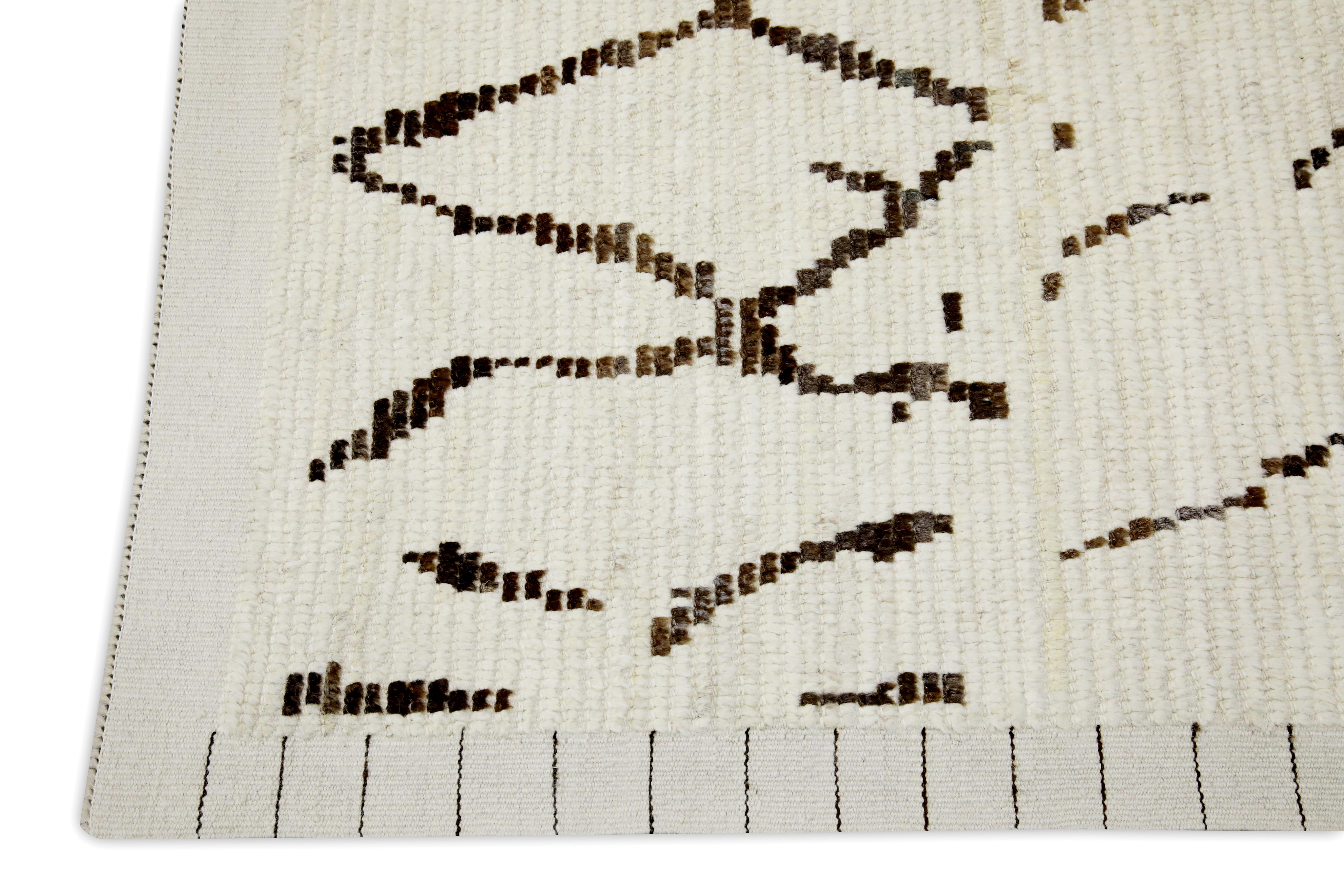 Modern Beige Handmade Wool Tulu Rug in Brown Geometric Design 8'4
