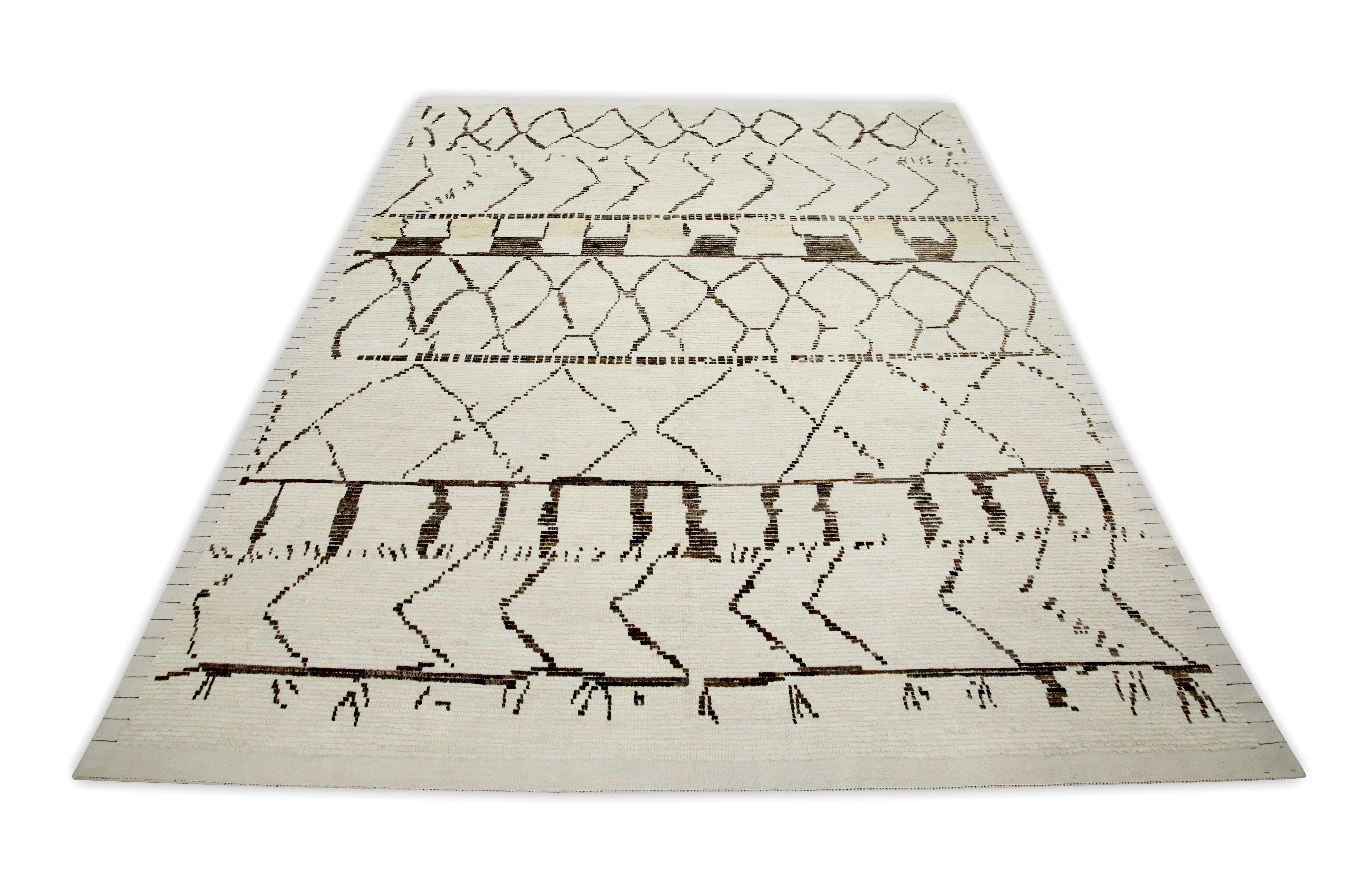Beige Handmade Wool Tulu Rug in Brown Geometric Design 8'4