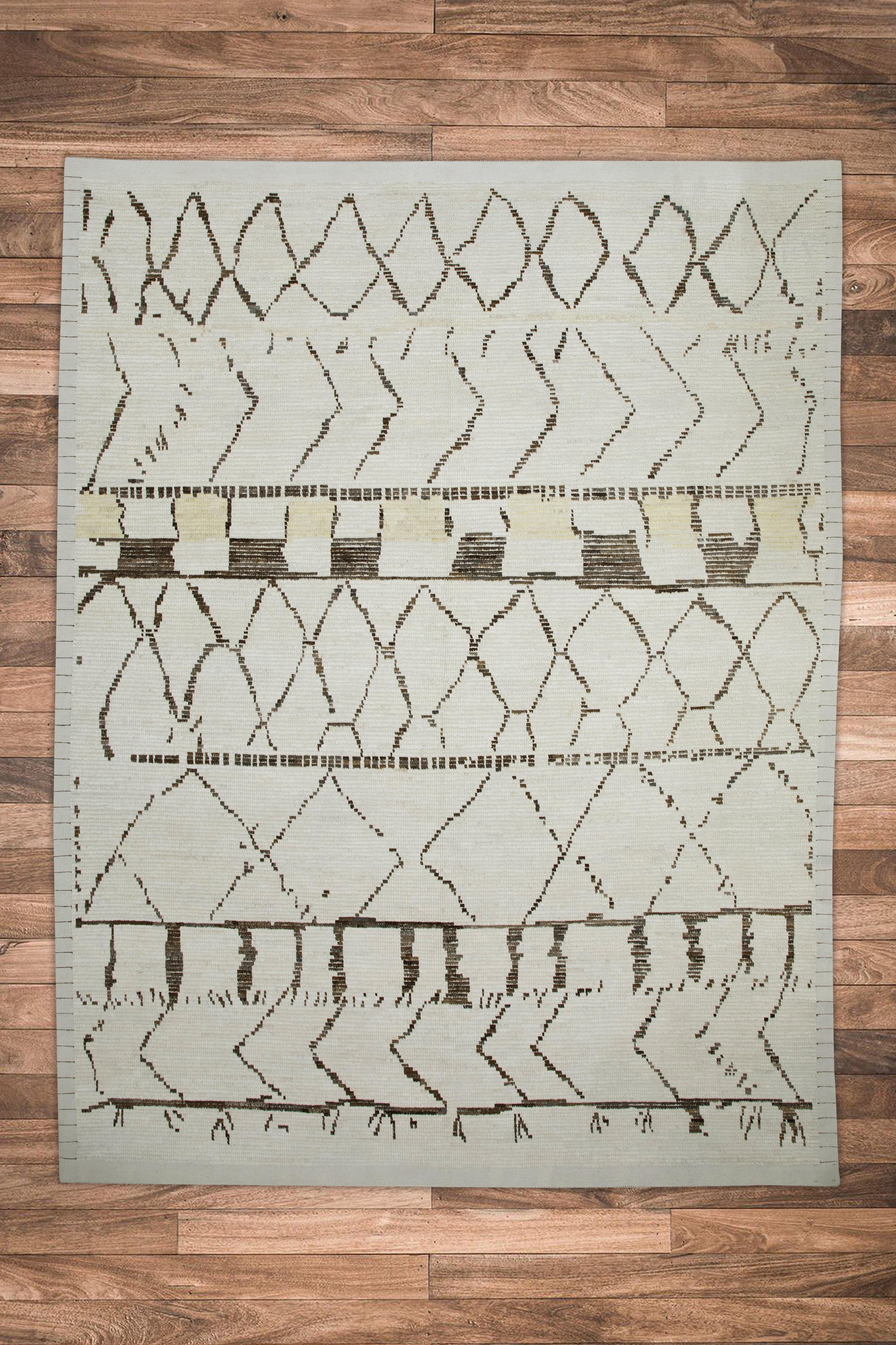 Contemporary Beige Handmade Wool Tulu Rug in Brown Geometric Design 8'4