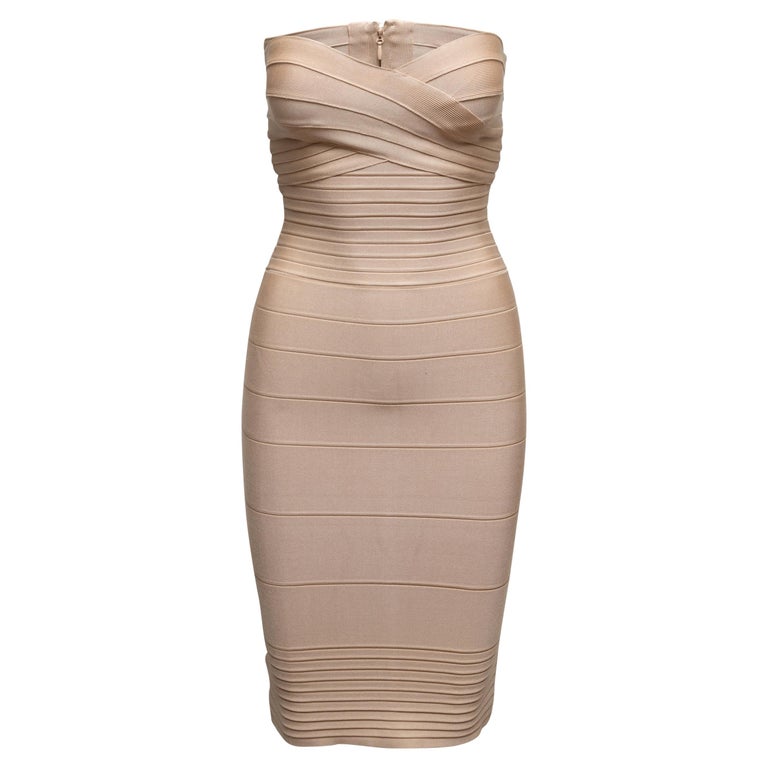 Beige Herve Leger Strapless Bandage Dress Size US XXS For Sale at