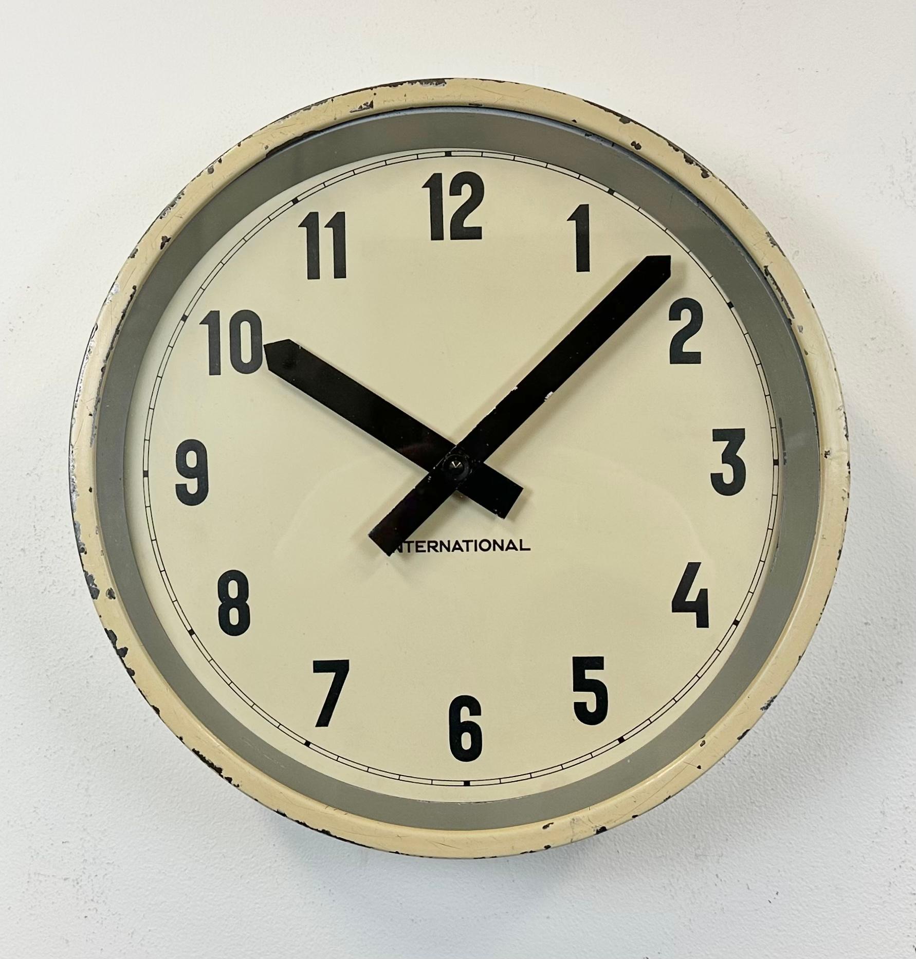 German Beige Industrial Factory Wall Clock from International, 1950s For Sale