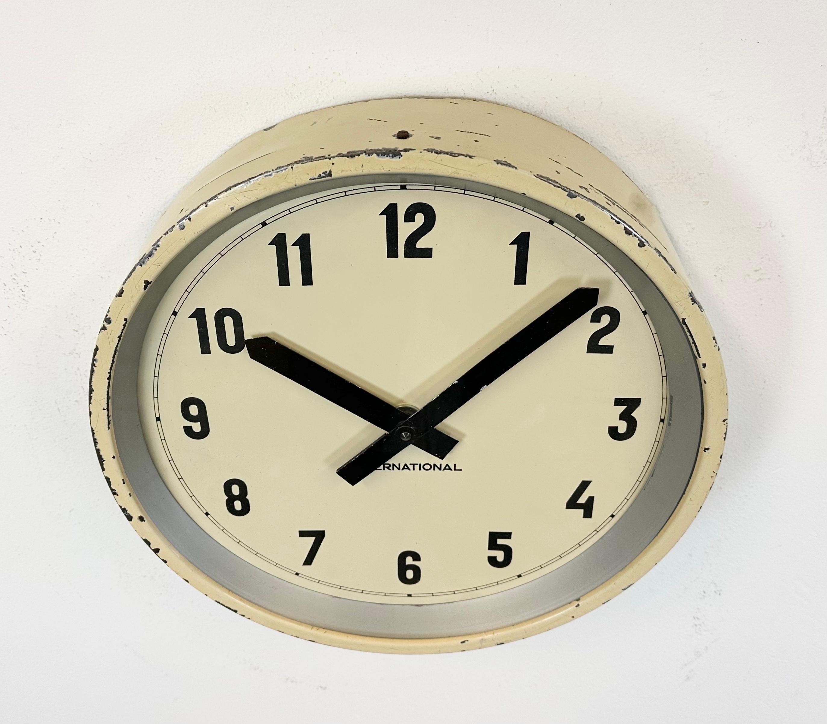 Glass Beige Industrial Factory Wall Clock from International, 1950s For Sale