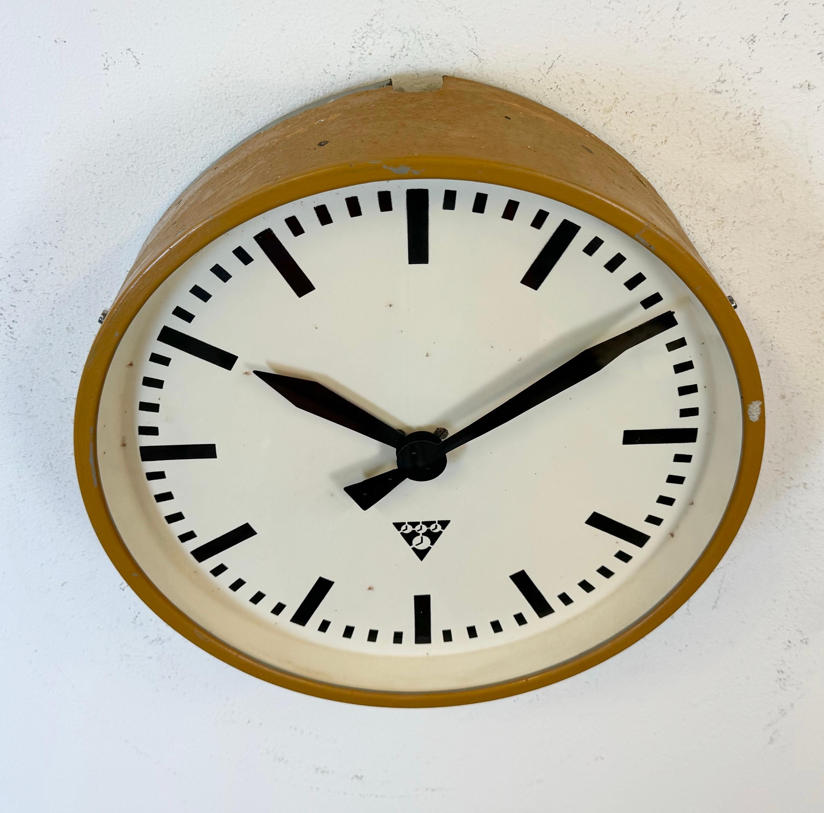 Glass Beige Industrial Factory Wall Clock from Pragotron, 1960s For Sale