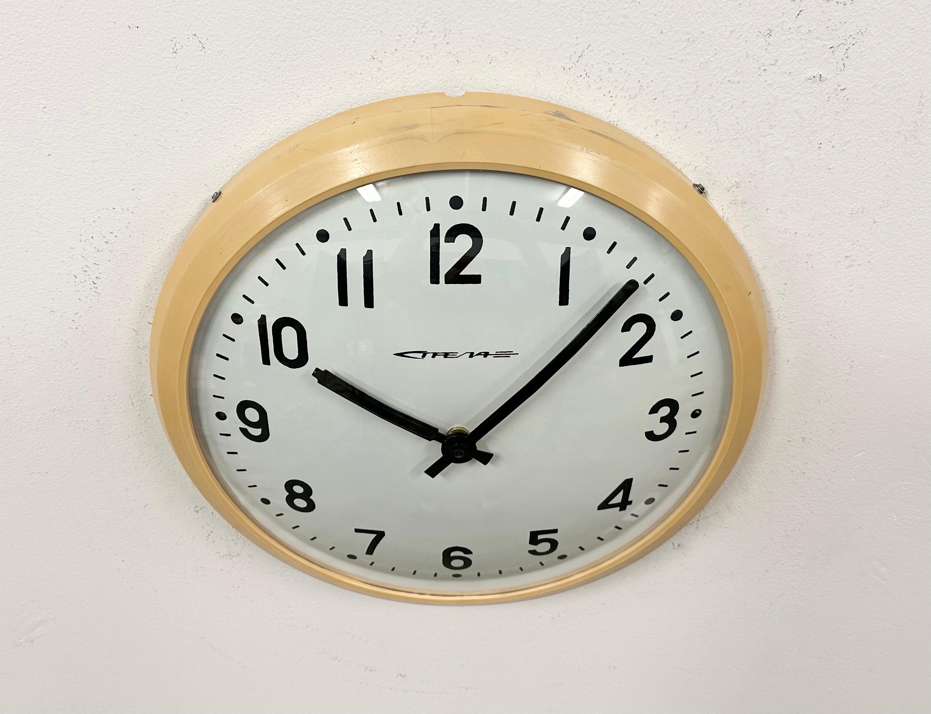 20th Century Beige Industrial Soviet Bakelite Factory Wall Clock from Strela, 1960s For Sale