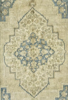Beige, Ivory and Blue Handmade Wool Turkish Old Anatolian Konya Rug