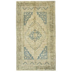 Beige, Ivory and Blue Handmade Wool Turkish Old Anatolian Konya Rug