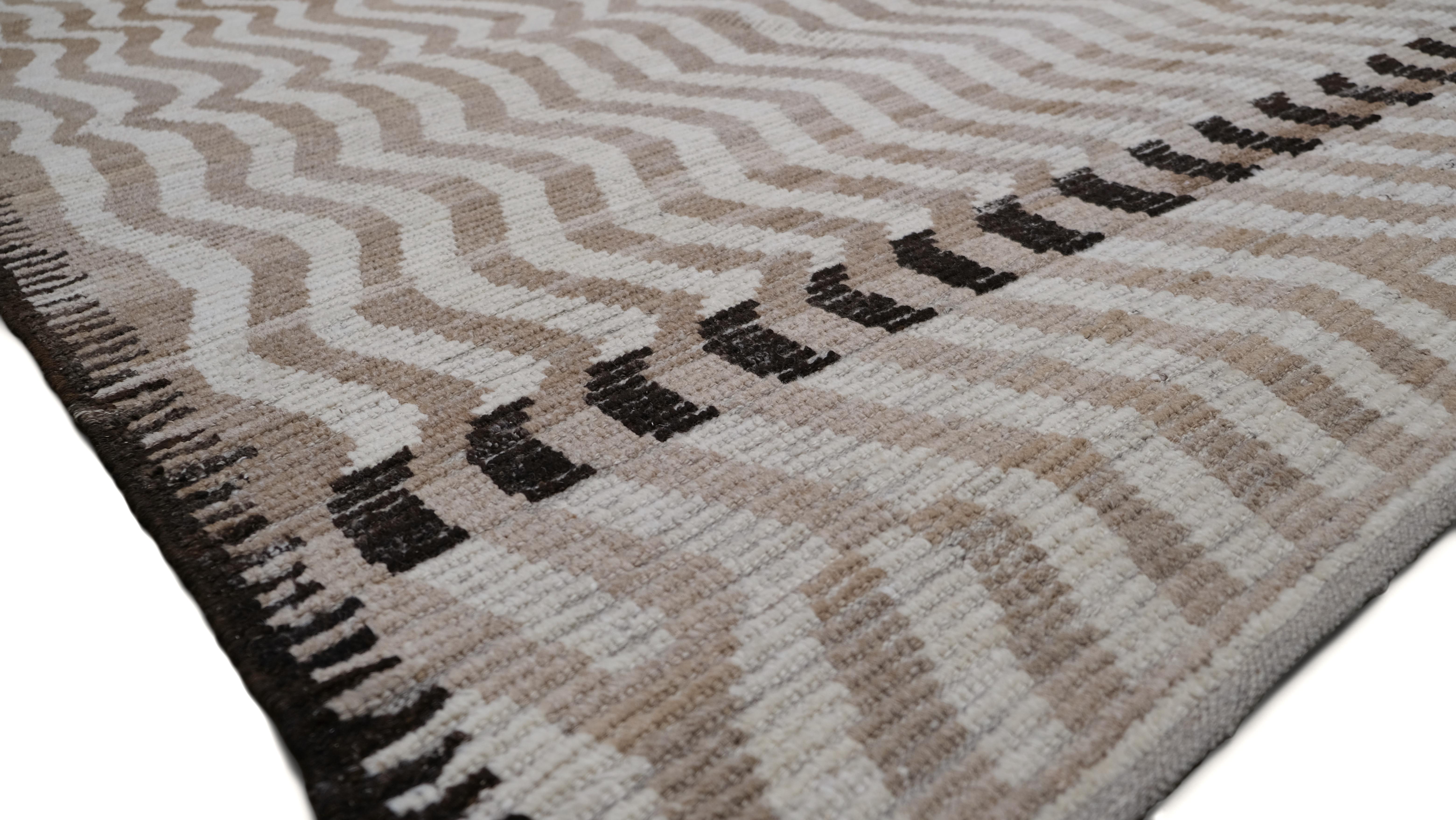 Modern Beige, Ivory and Brown Deco Wave Patterned Wool Rug 10'3''x14' For Sale