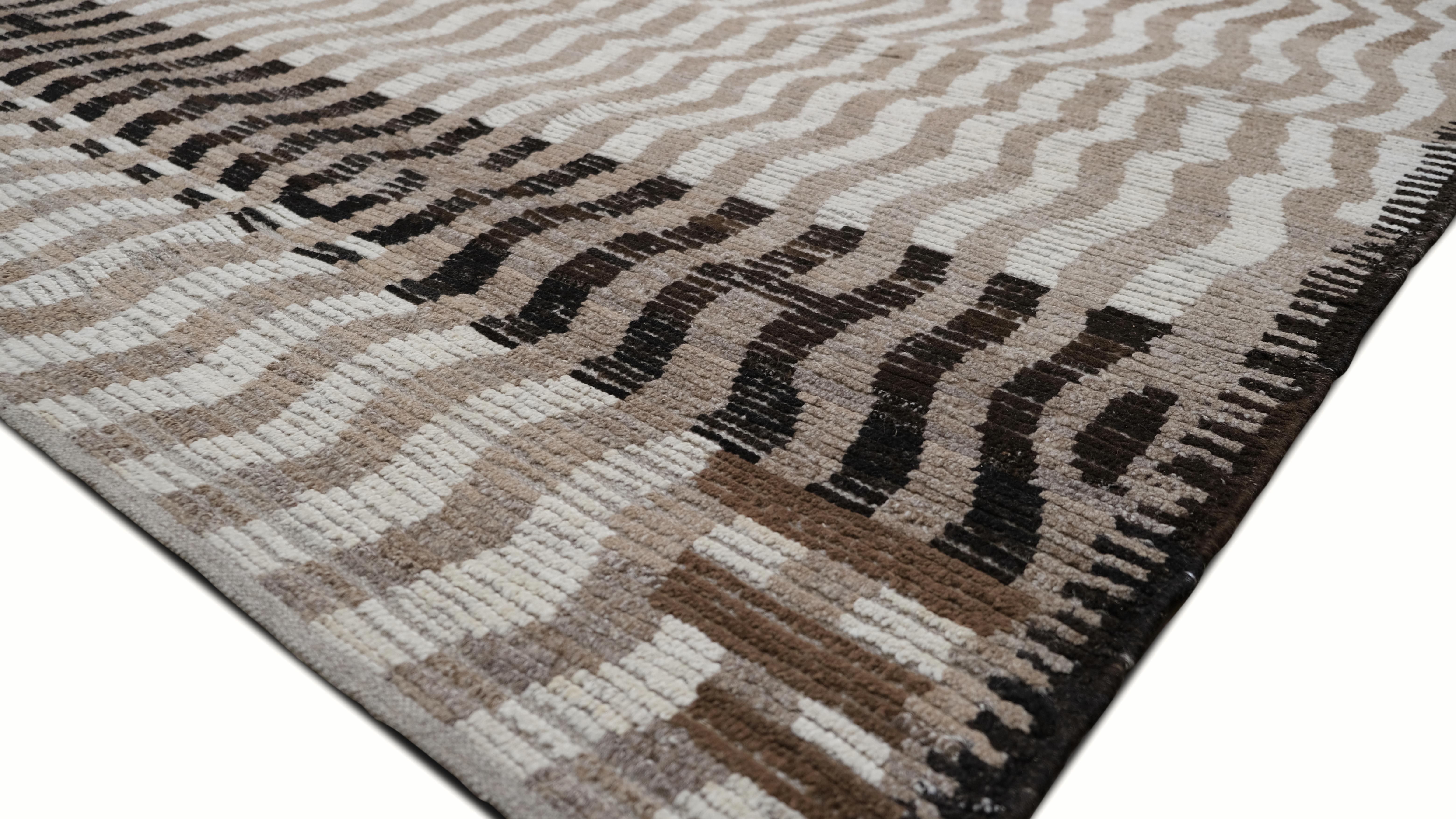 Afghan Beige, Ivory and Brown Deco Wave Patterned Wool Rug 10'3''x14' For Sale