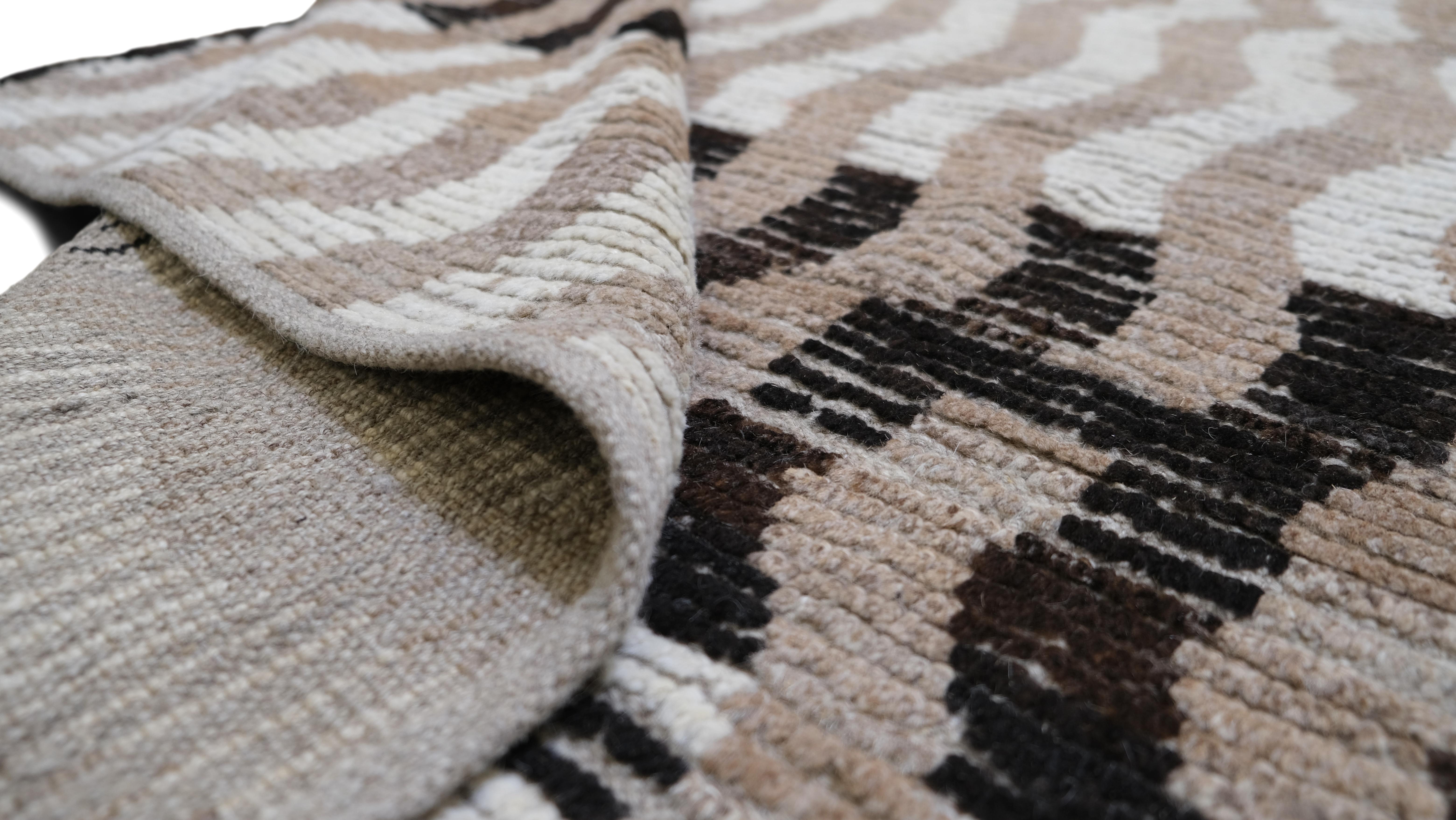 Hand-Knotted Beige, Ivory and Brown Deco Wave Patterned Wool Rug 10'3''x14' For Sale