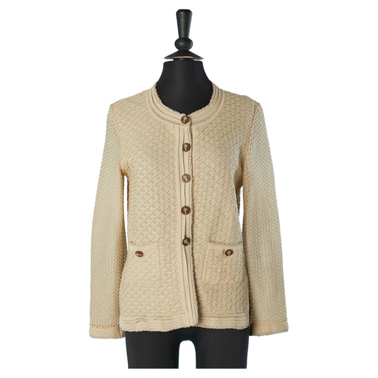 Beige jacquard cardigan with wood branded buttons Chanel For Sale at 1stDibs