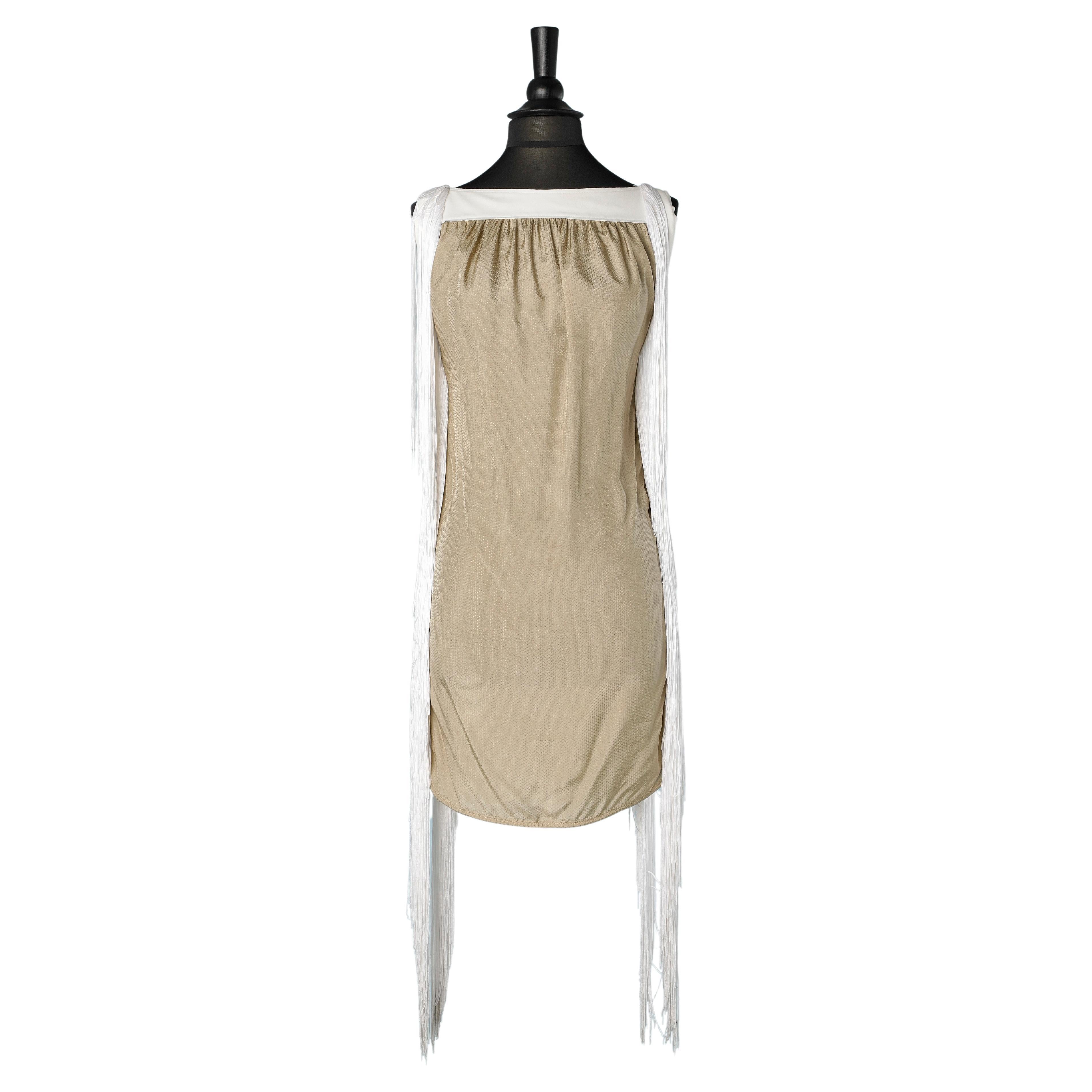 Beige jacquard cocktail dress with white fringes Mauro Gasperi New with tag  For Sale