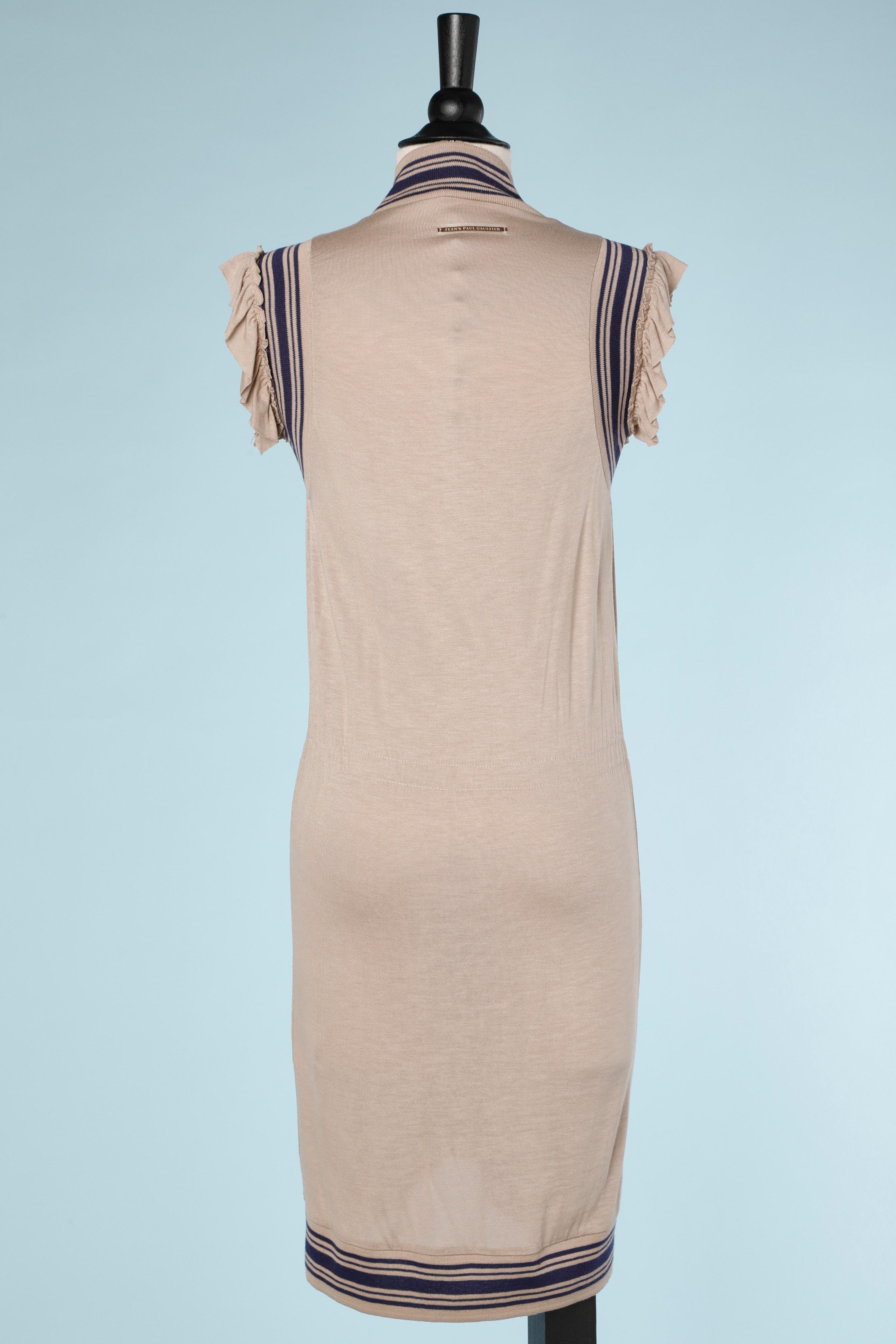 Women's Beige jersey dress with zip and ruffles Jean-Paul Gaultier For Sale