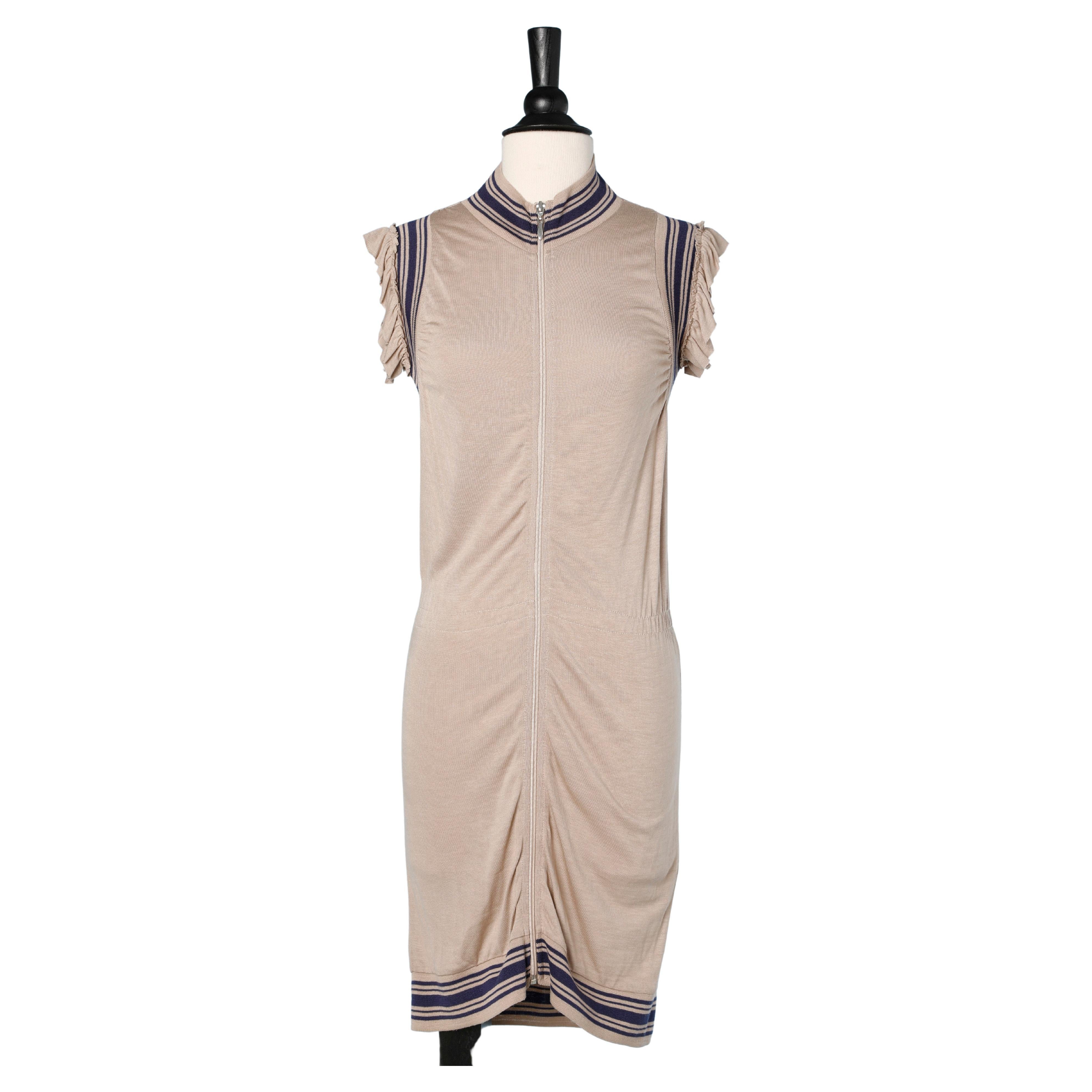 Beige jersey dress with zip and ruffles Jean-Paul Gaultier For Sale