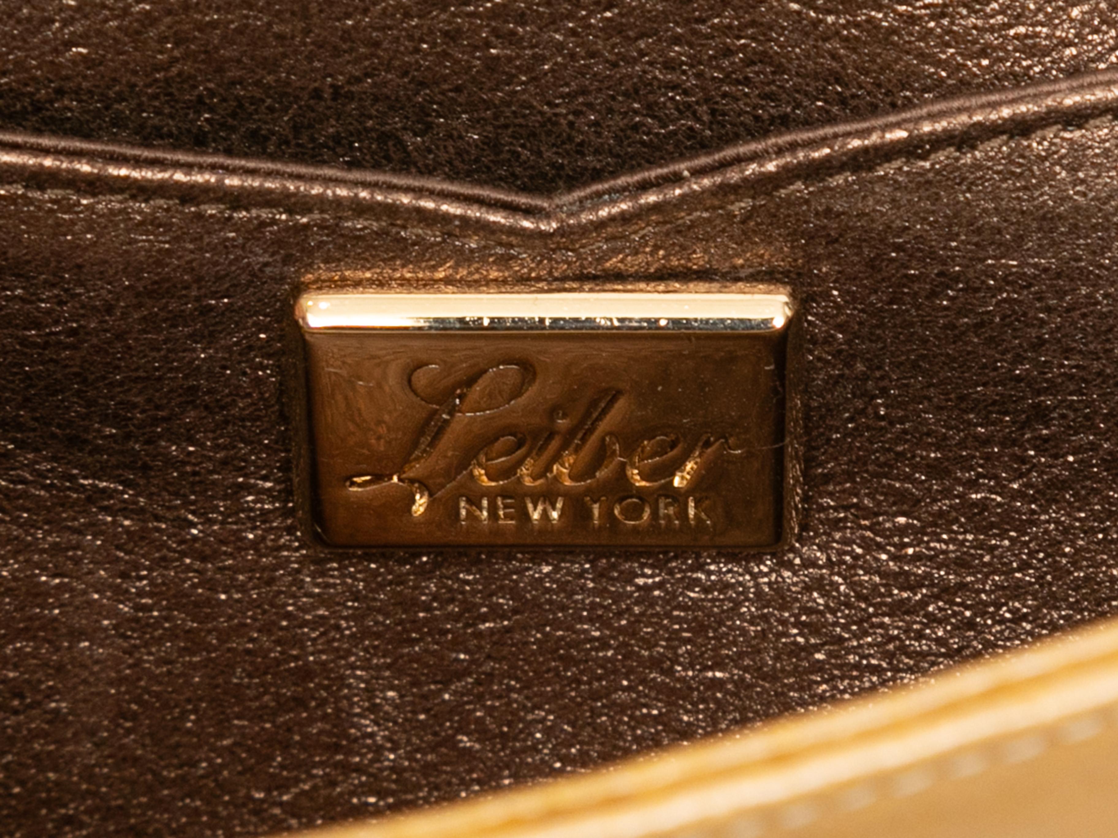 Product Details: Beige Judith Leiber Patent Embellished Clutch. This clutch features a patent leather body, an optional chain-link strap, and a front gold-tone crystal-embellished flap closure. 8
