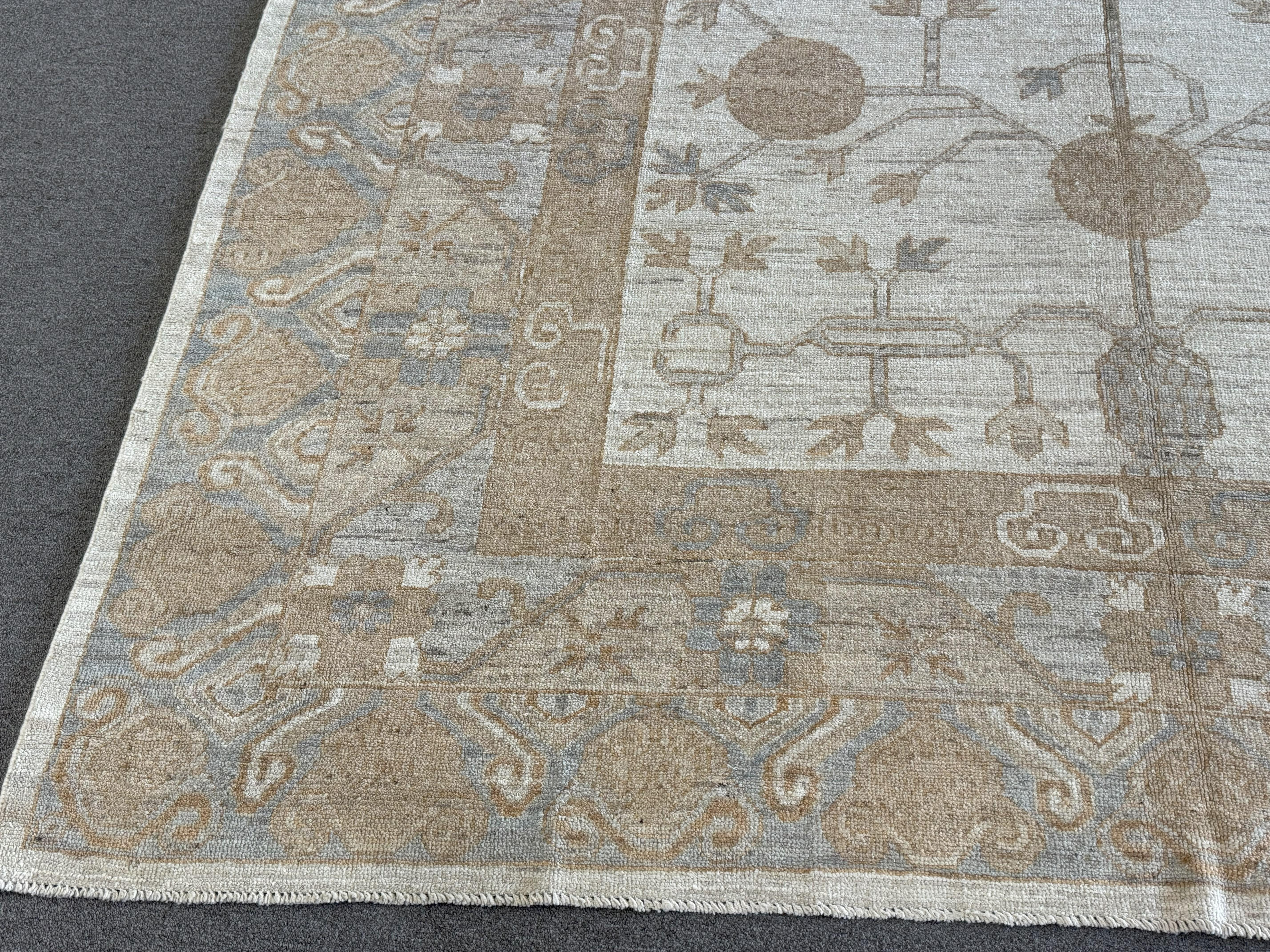Hand-Knotted Beige Khotan All-Over Design Pakistani Area Rug For Sale