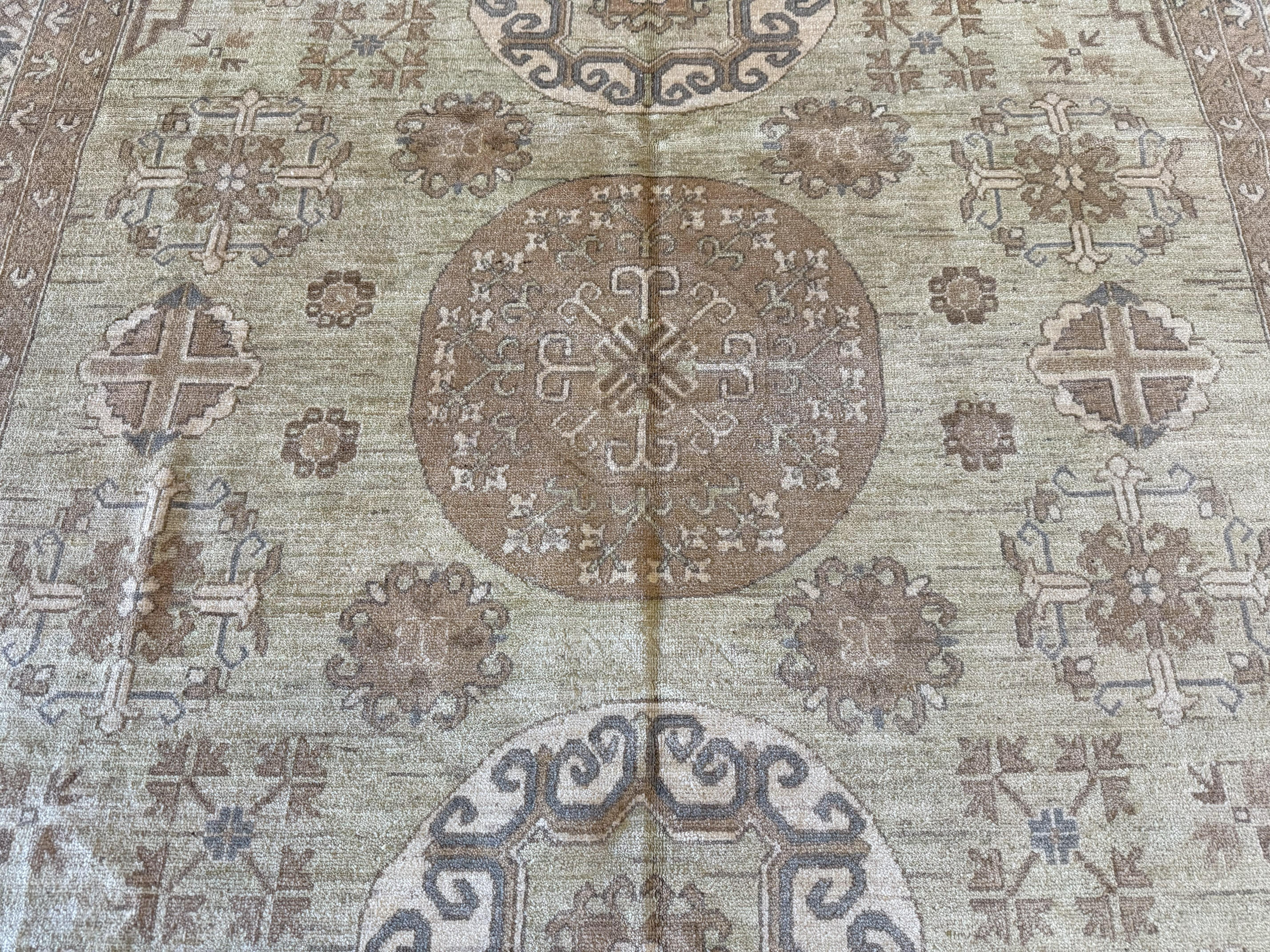 Hand-Knotted Beige Khotan Design Pakistani Area Rug For Sale
