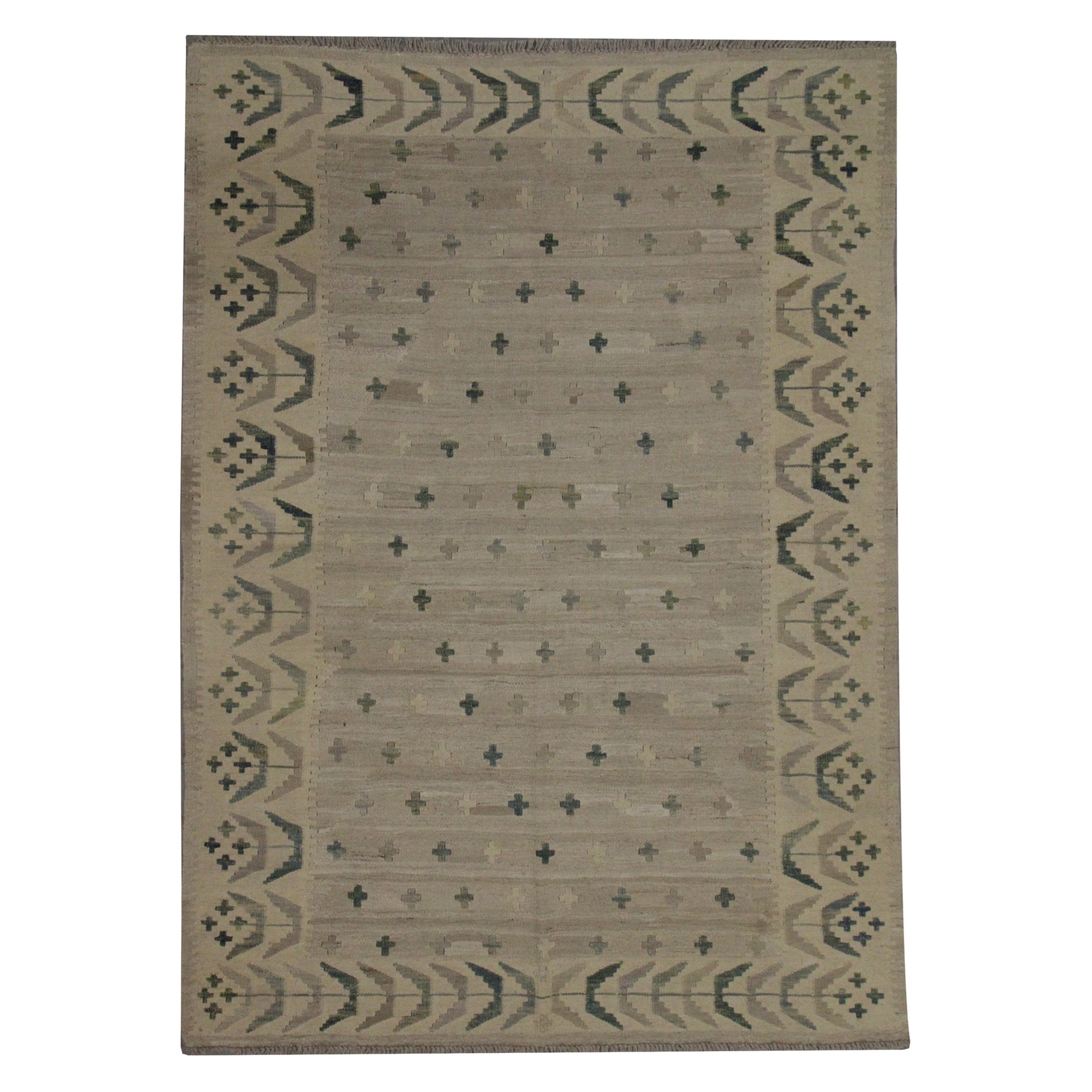 Beigefarbener Kilim-Teppich Traditioneller Teppich Kilim Skandinavischer Stil Brauner Wollteppich im Angebot