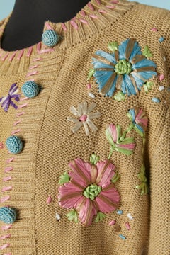 Beige knit twin-set with raffia flower's embroideries CHRISTIAN LACROIX BAZAR
