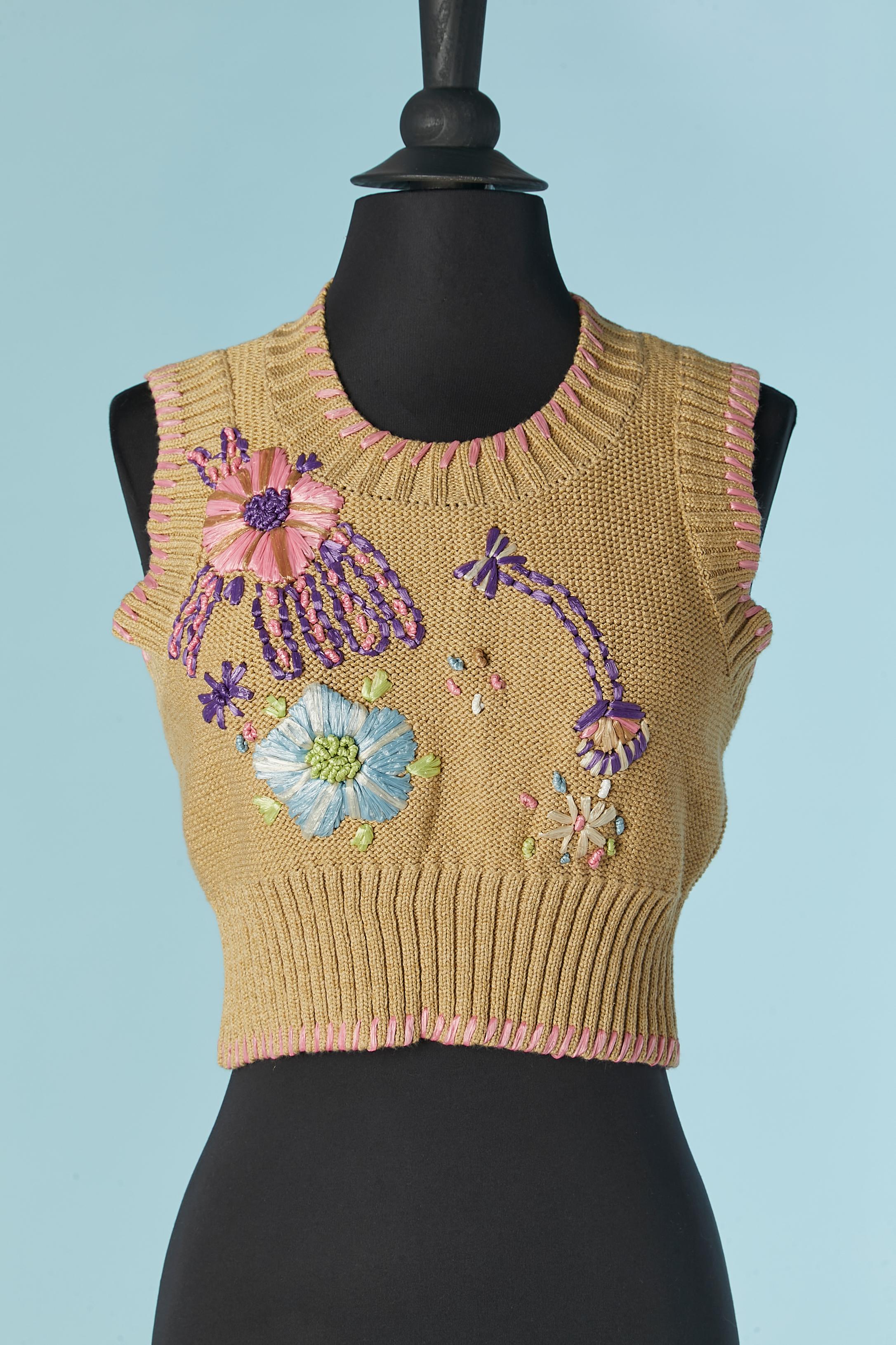 Conjunto de gemelos de punto beige con bordados de flores de rafia CHRISTIAN LACROIX BAZAR en venta 4
