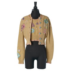 Beige knit twin-set with raffia flower's embroideries CHRISTIAN LACROIX BAZAR