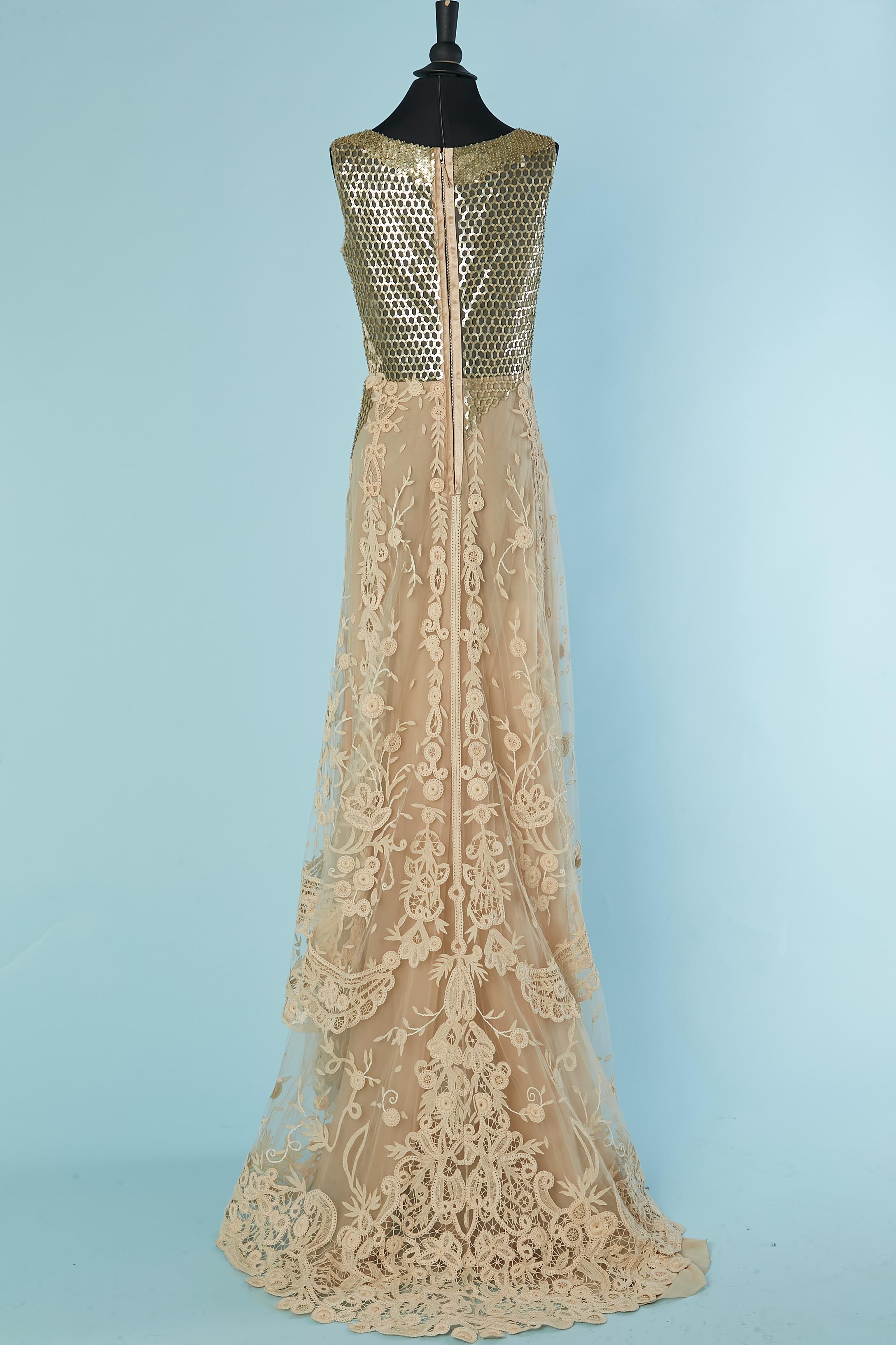 beige lace and tulle evening dress with gold beadwork VALENTINO 6