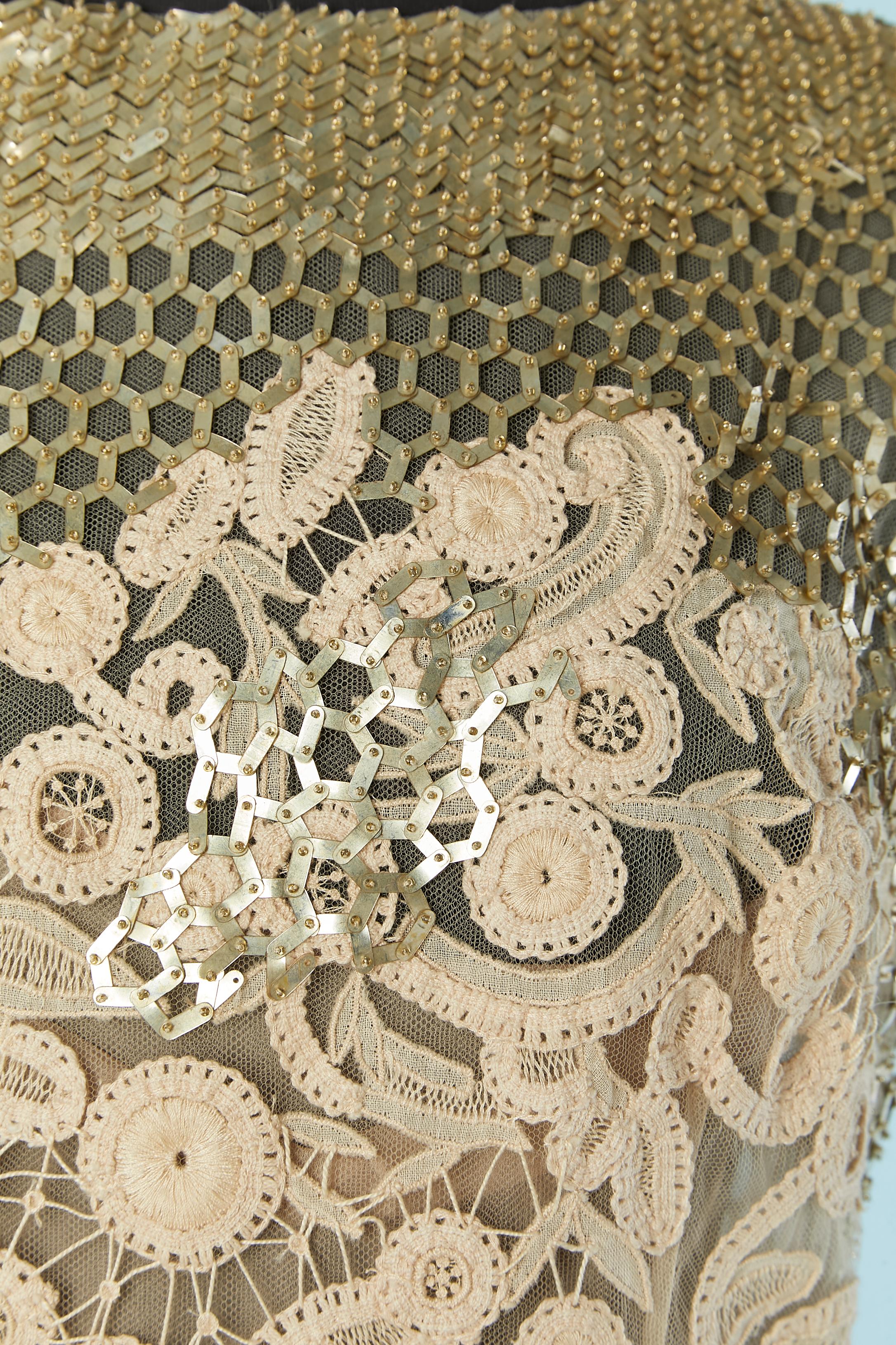 Brown beige lace and tulle evening dress with gold beadwork VALENTINO