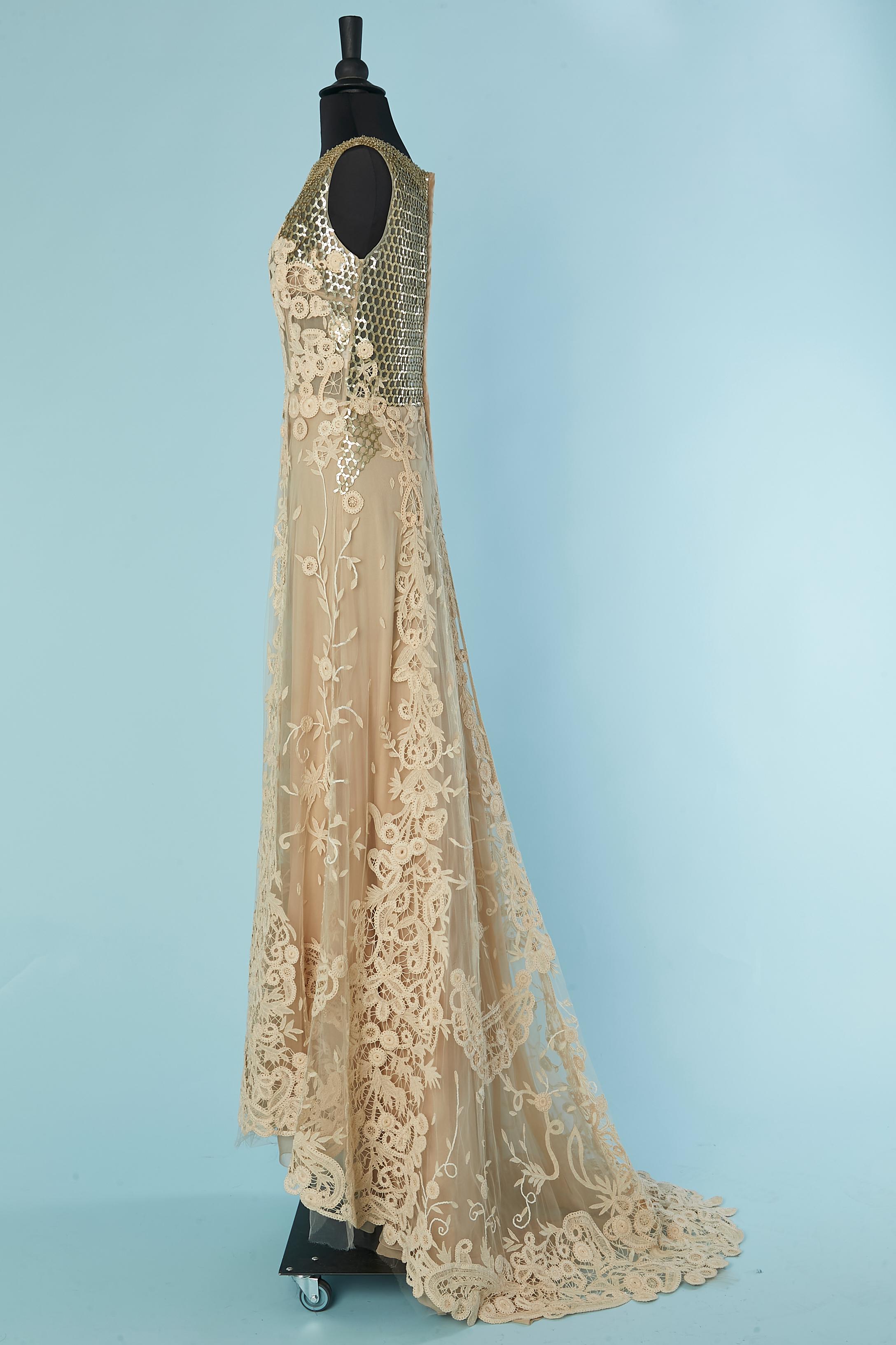 beige lace and tulle evening dress with gold beadwork VALENTINO 3