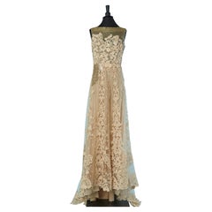 beige lace and tulle evening dress with gold beadwork VALENTINO
