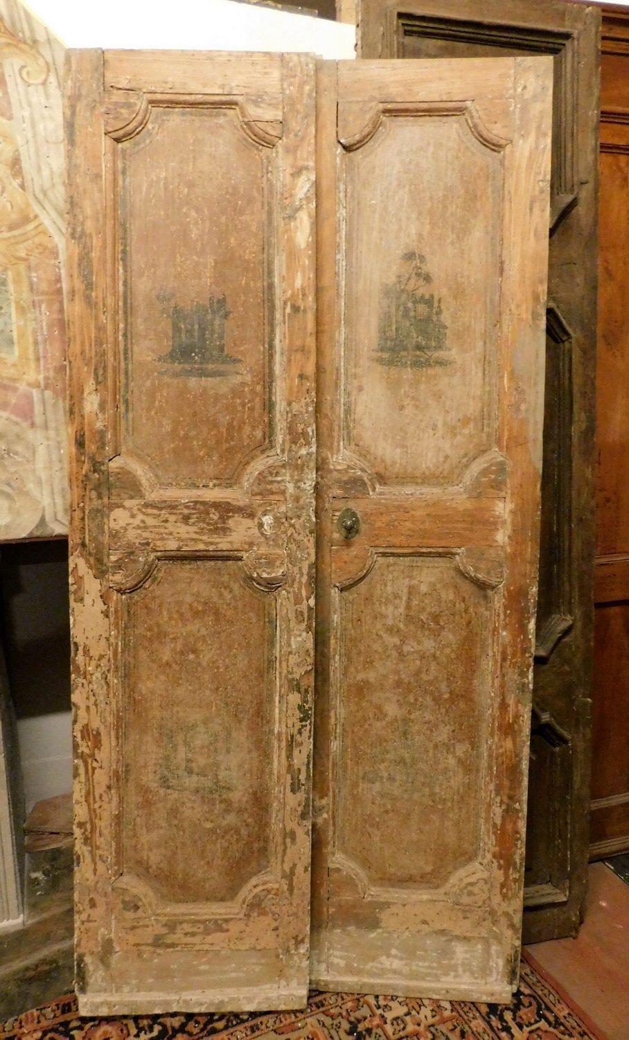 Italian Beige Lacquered Double Door with Sculptures Painted, Italy For Sale