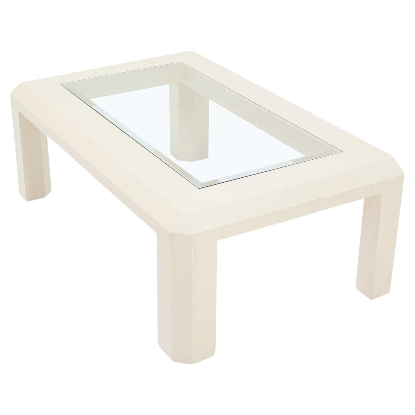 Beige Lacquered Textured Grass Cloth Rafia Rectangular Glass Top Coffee Table For Sale