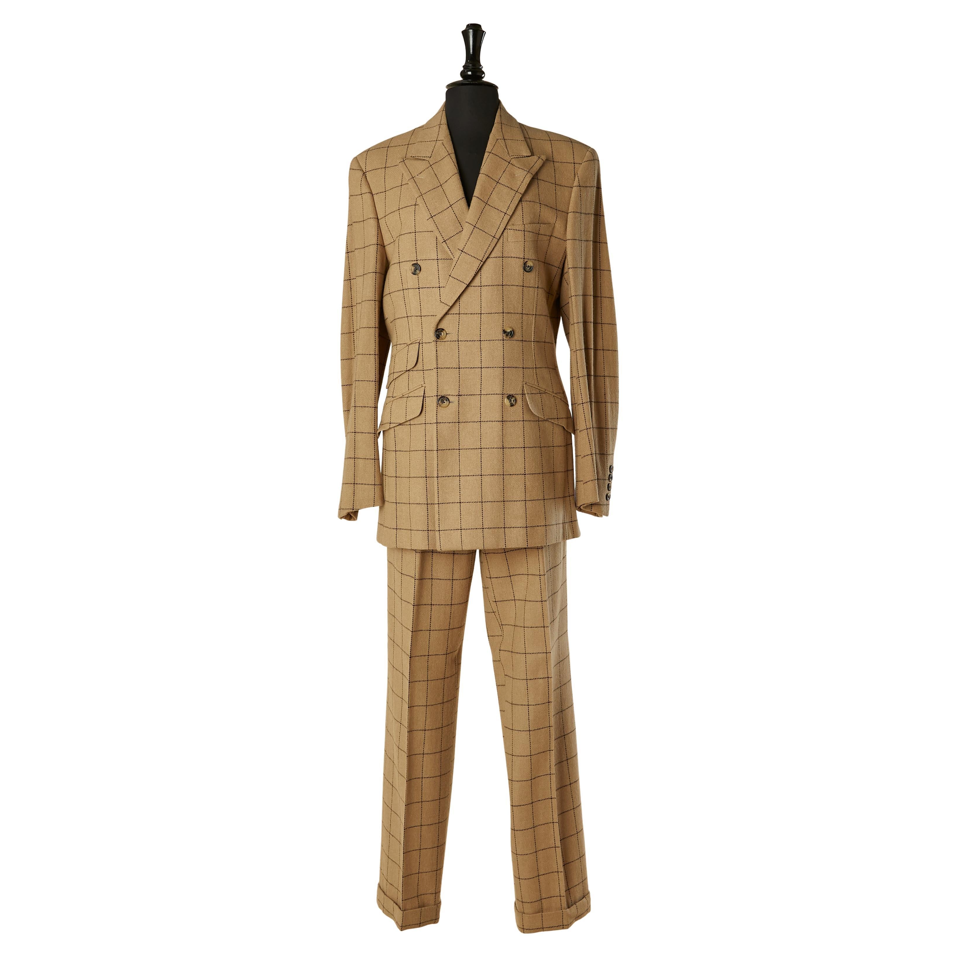Completo pantalone beige in lana d'agnello con motivo a quadri Yves Saint Laurent RIVE Gauche