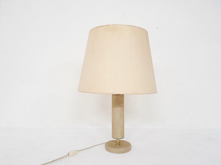 Beige Leather and Brass Table Lamp, Attrbuted Jaques Adnet, France, 1960s For Sale 5