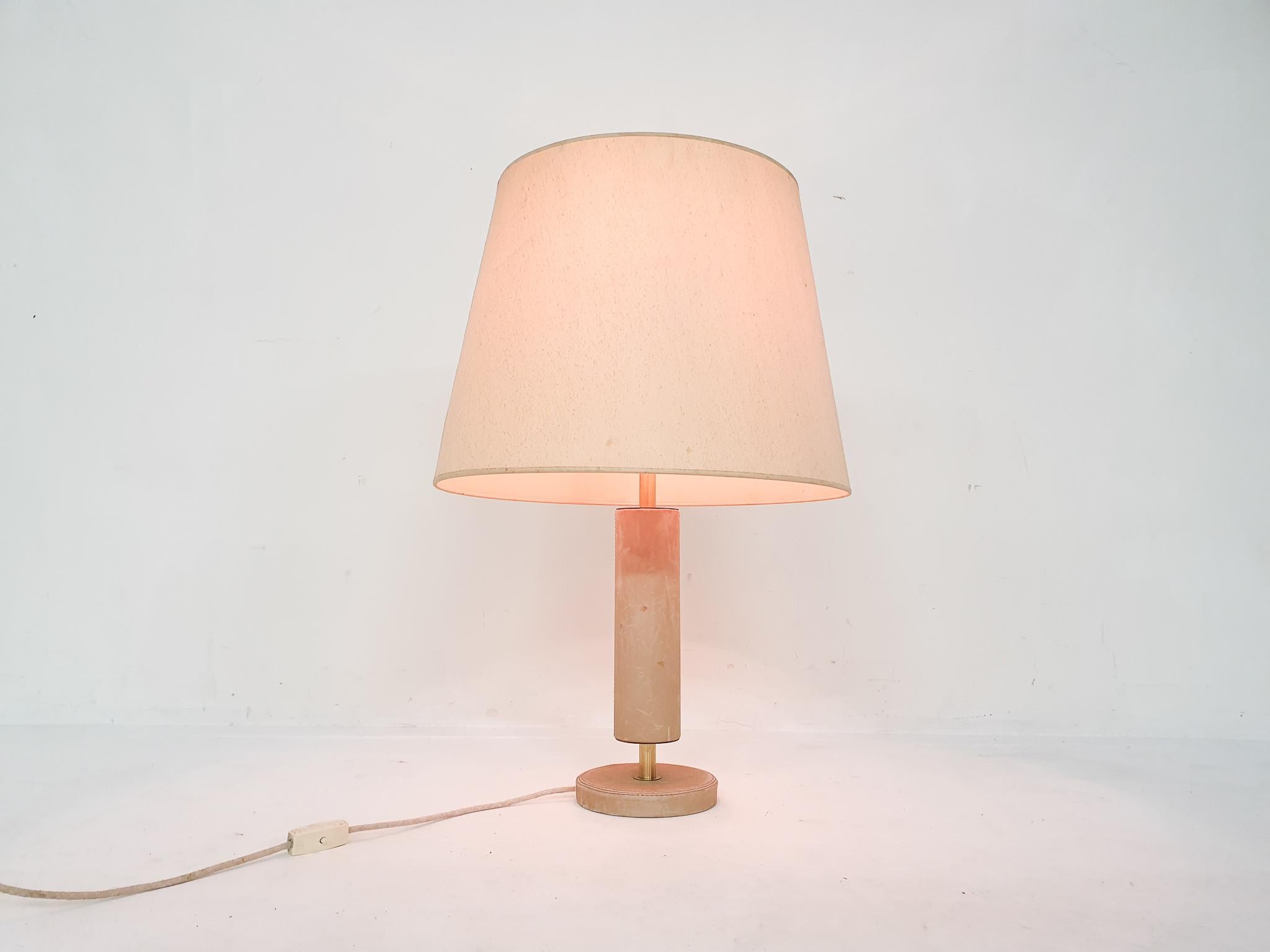 French Beige Leather and Brass Table Lamp, Attrbuted Jaques Adnet, France, 1960s