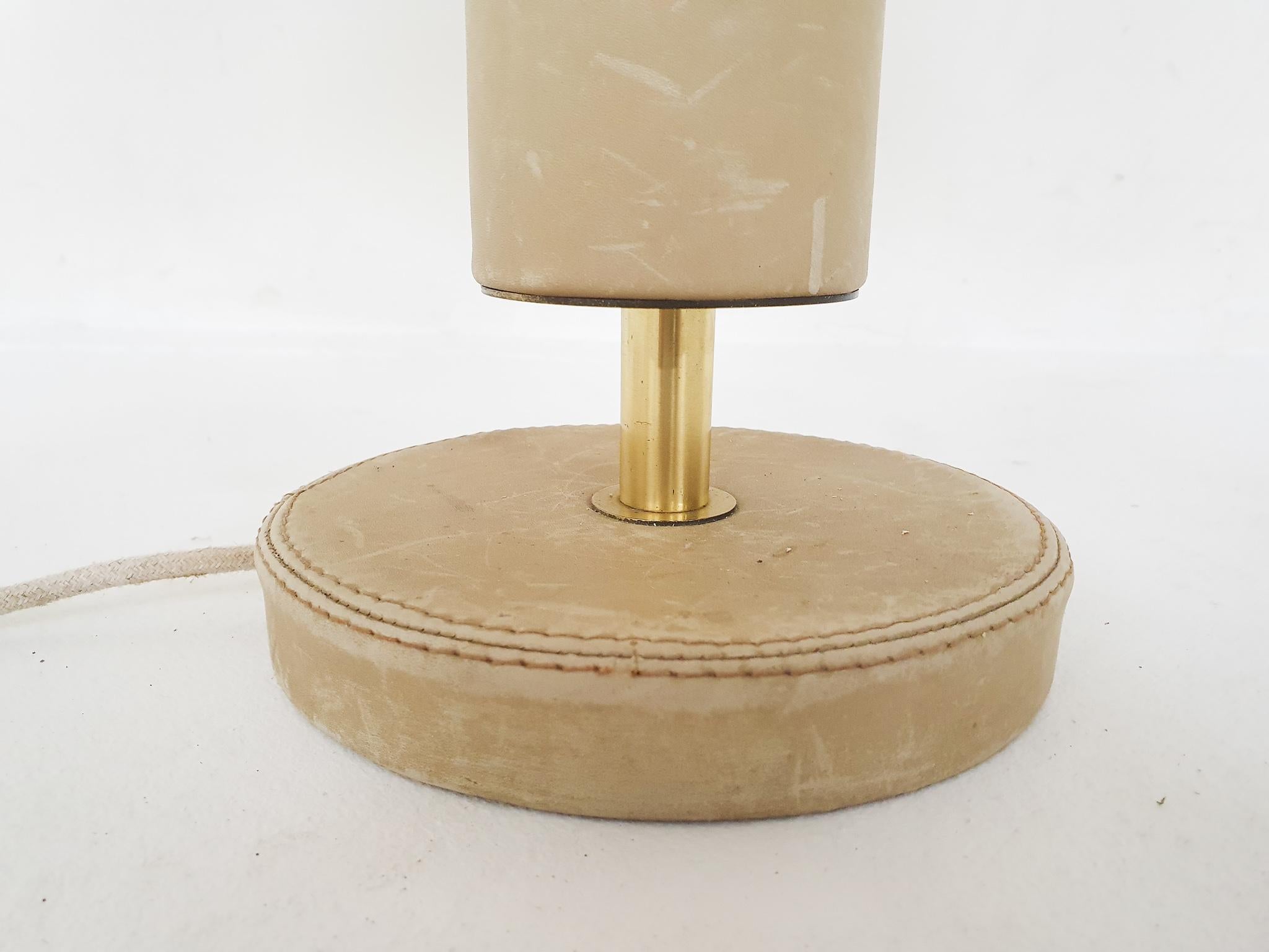 Beige Leather and Brass Table Lamp, Attrbuted Jaques Adnet, France, 1960s 1