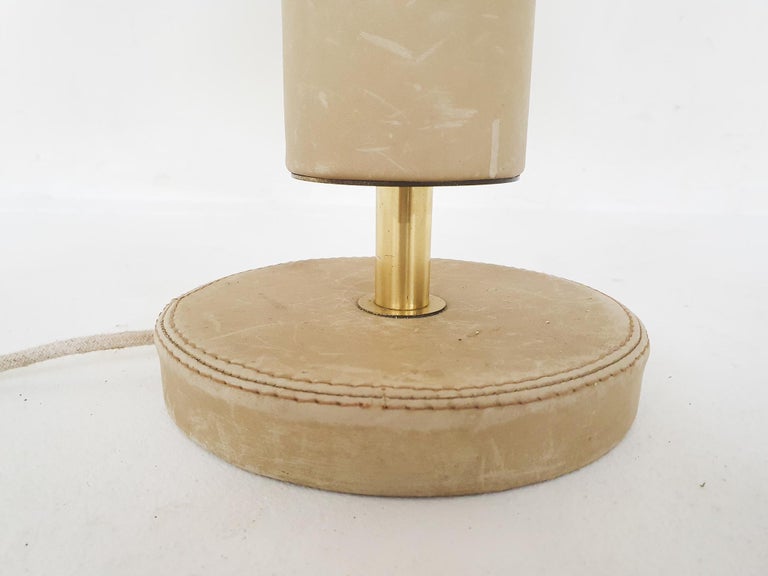 Beige Leather and Brass Table Lamp, Attrbuted Jaques Adnet, France, 1960s For Sale 1