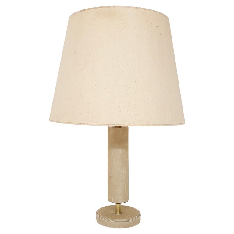 Beige Leather and Brass Table Lamp, Attrbuted Jaques Adnet, France, 1960s For Sale