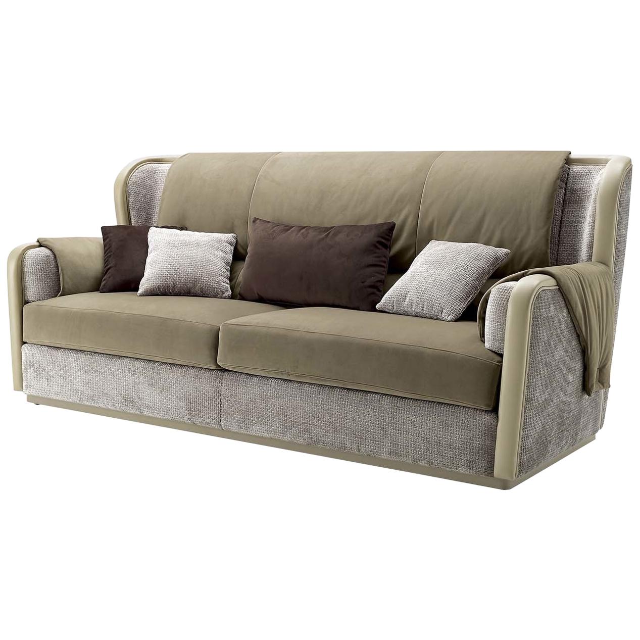 Beige Leather and Velvet 3-Seat Sofa