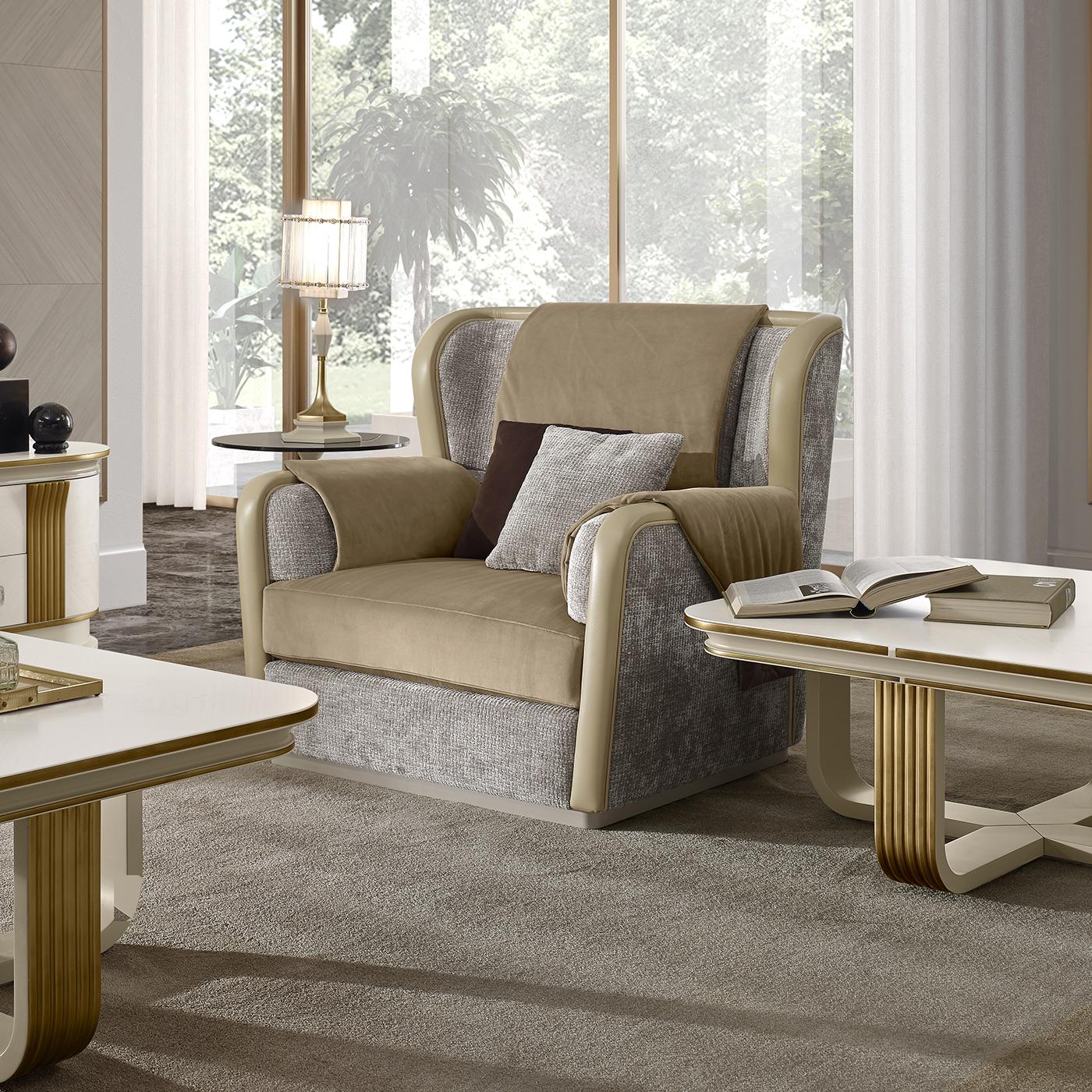 Italian Beige Leather and Velvet Armchair