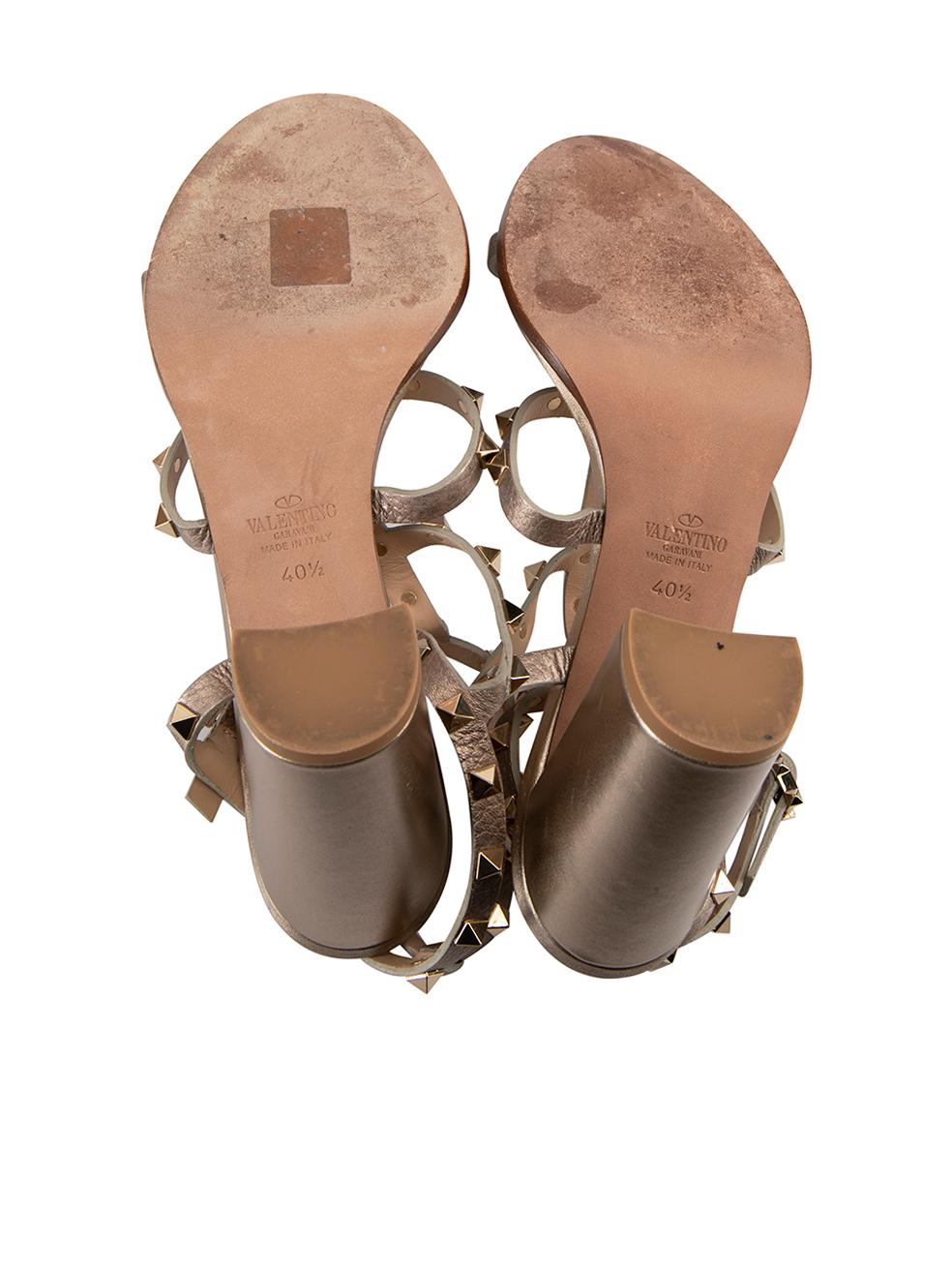 Women's Valentino Beige Leather Metallic Rockstud Heeled Sandals Size IT 40.5