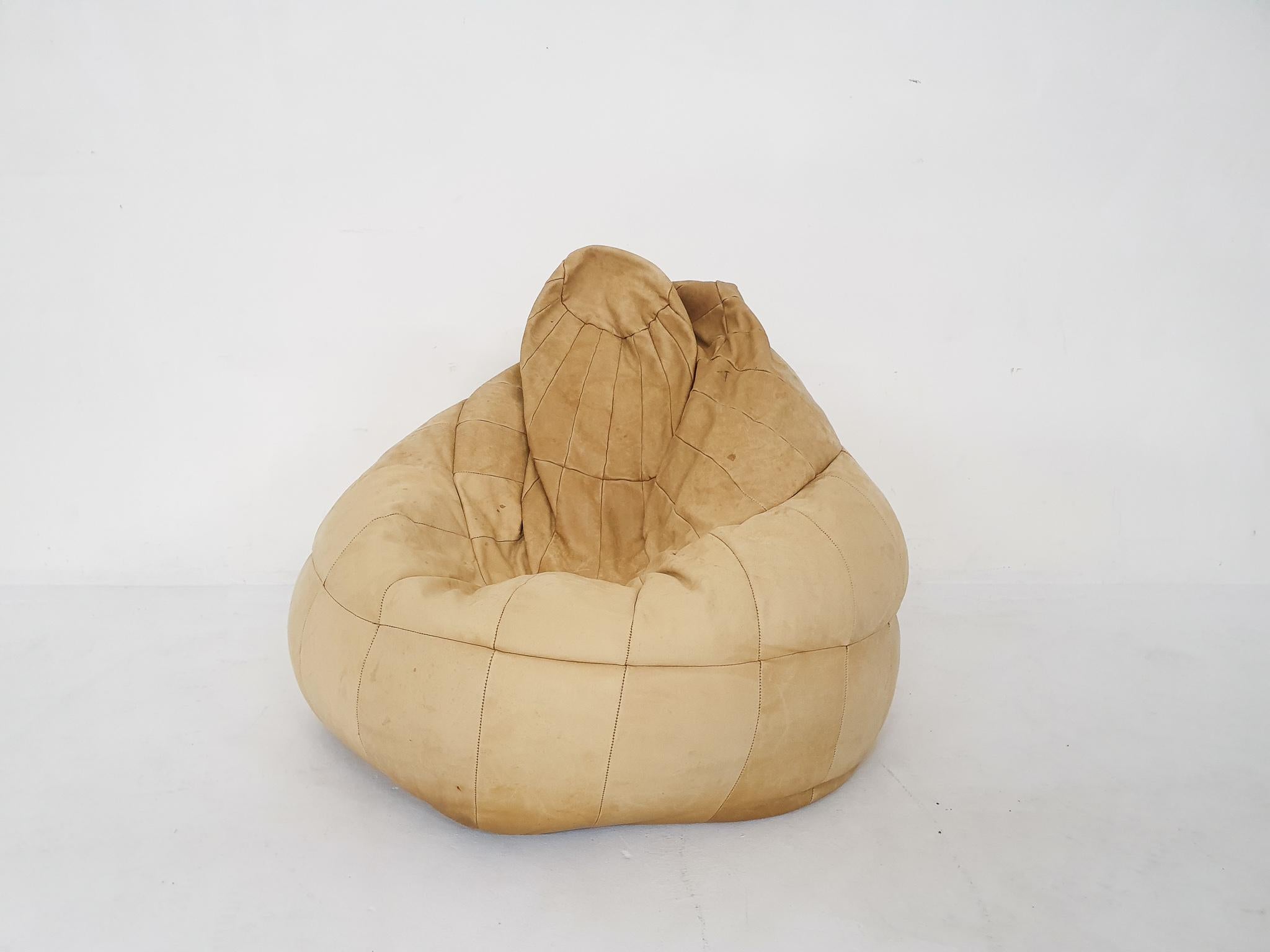 Mid-Century Modern Beige leather patchwork bean bag, in the style of De Sede, 1960's