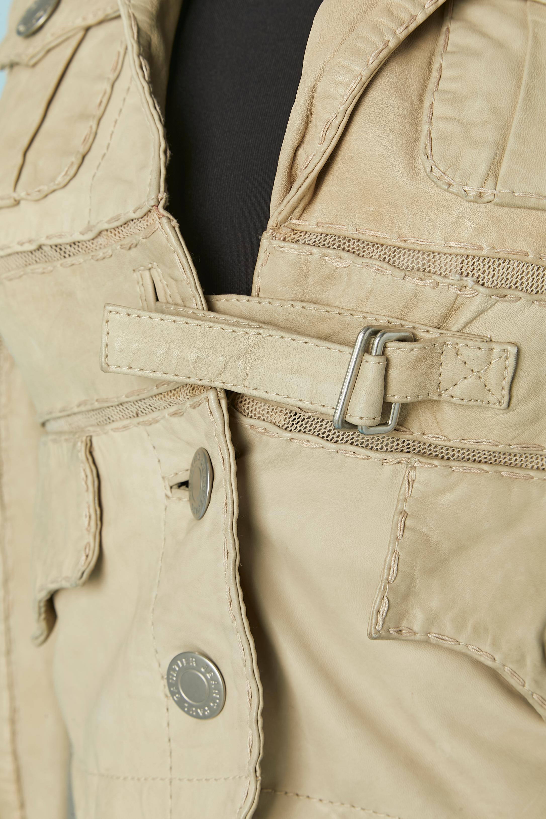 Beige leather single breasted jacket with top-stitching Jean-Paul Gaultier Jeans In Excellent Condition For Sale In Saint-Ouen-Sur-Seine, FR