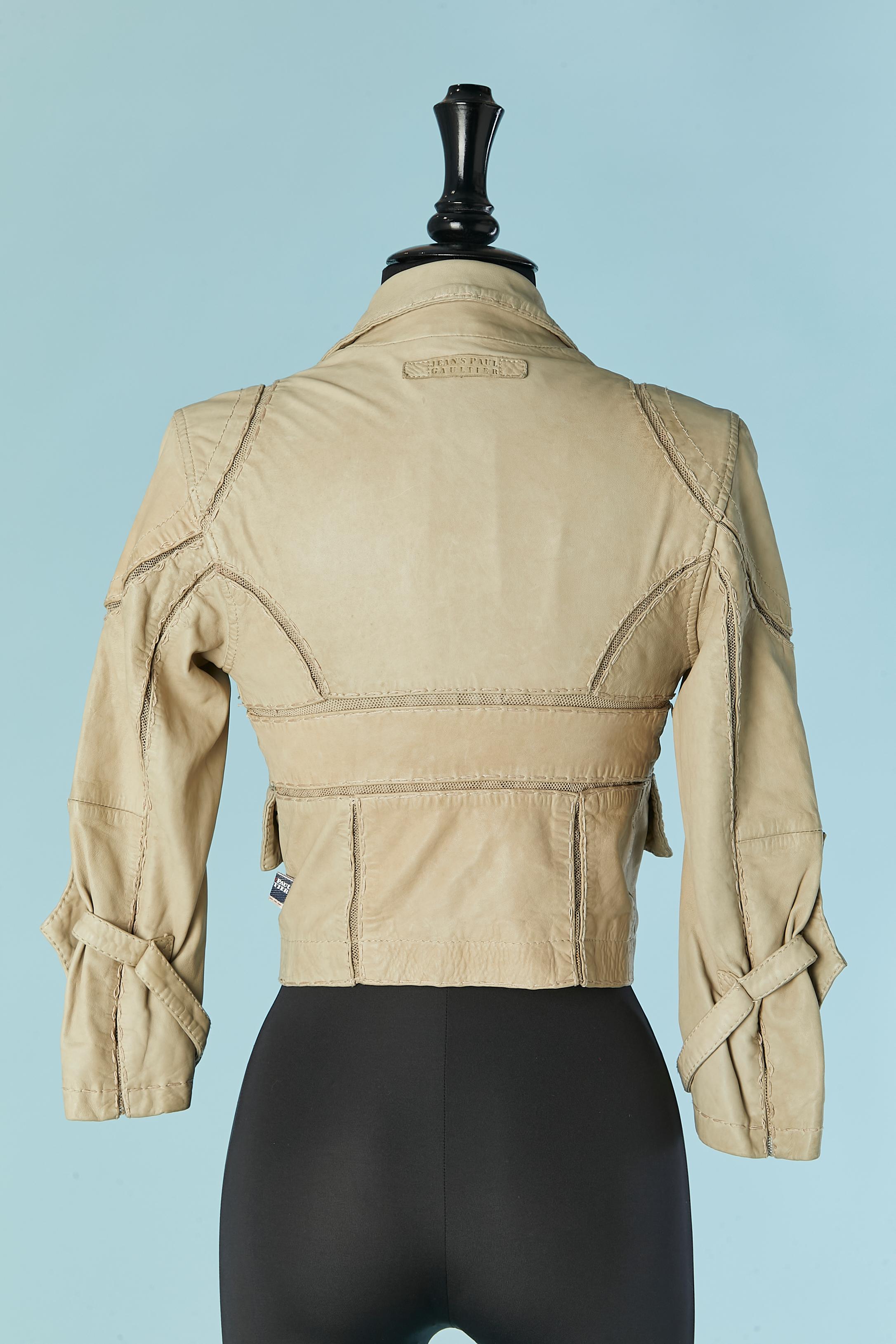 Beige leather single breasted jacket with top-stitching Jean-Paul Gaultier Jeans For Sale 4