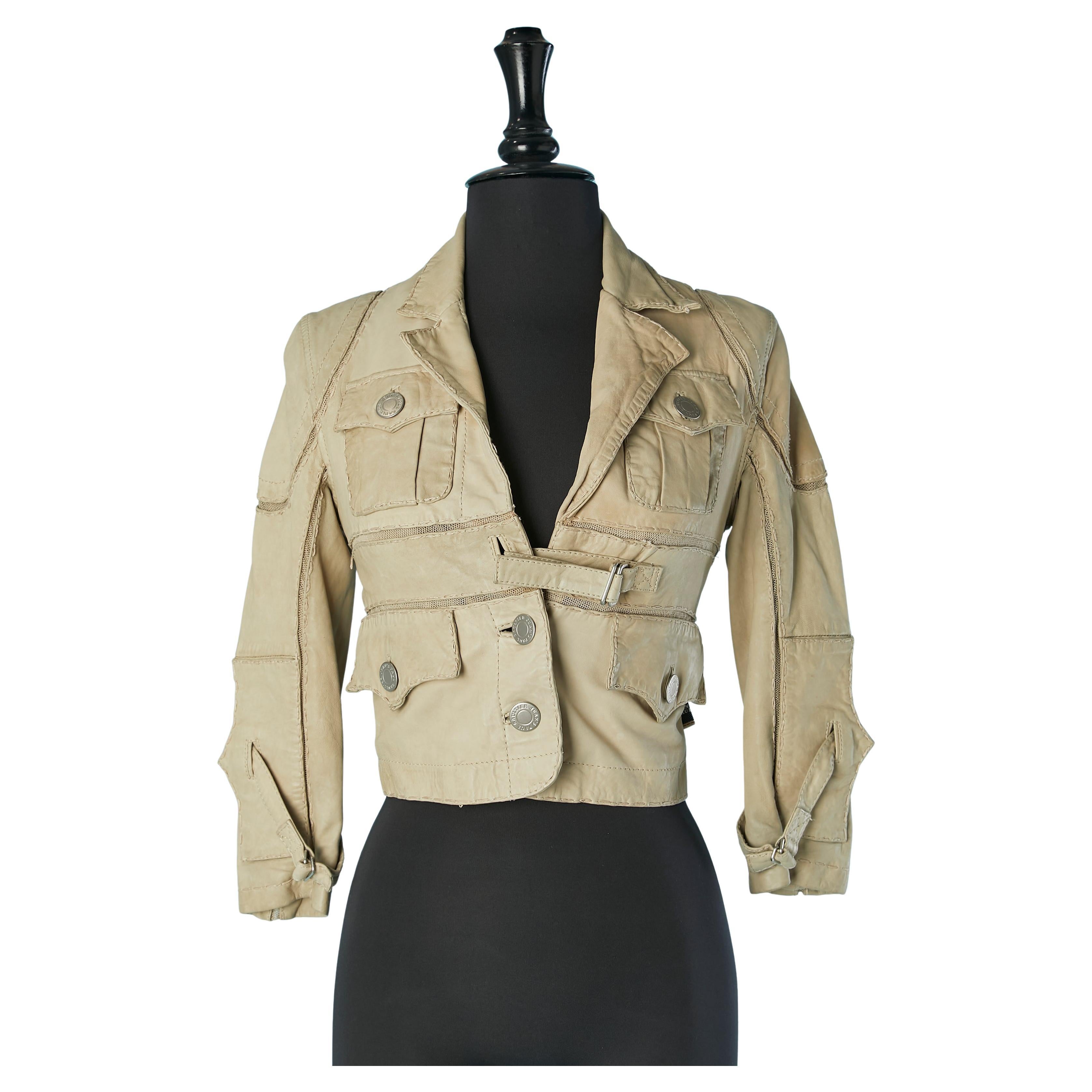 Chaqueta de piel beige de un solo pecho con pespuntes Jean Paul Gaultier Jeans