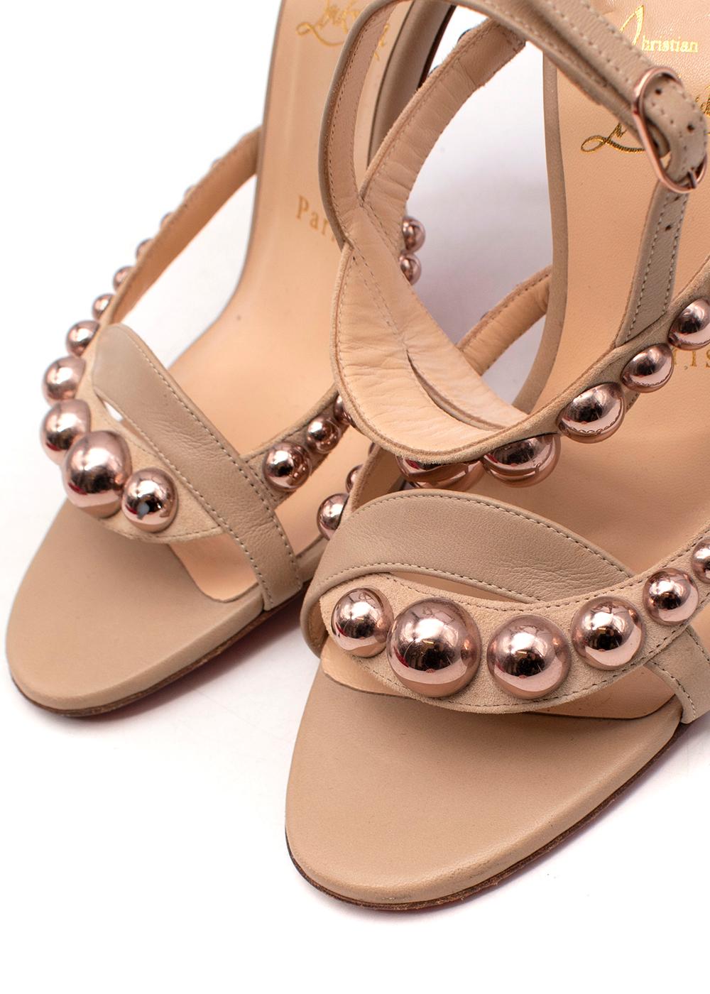 Beige Leather Studded Heeled Sandals For Sale 1