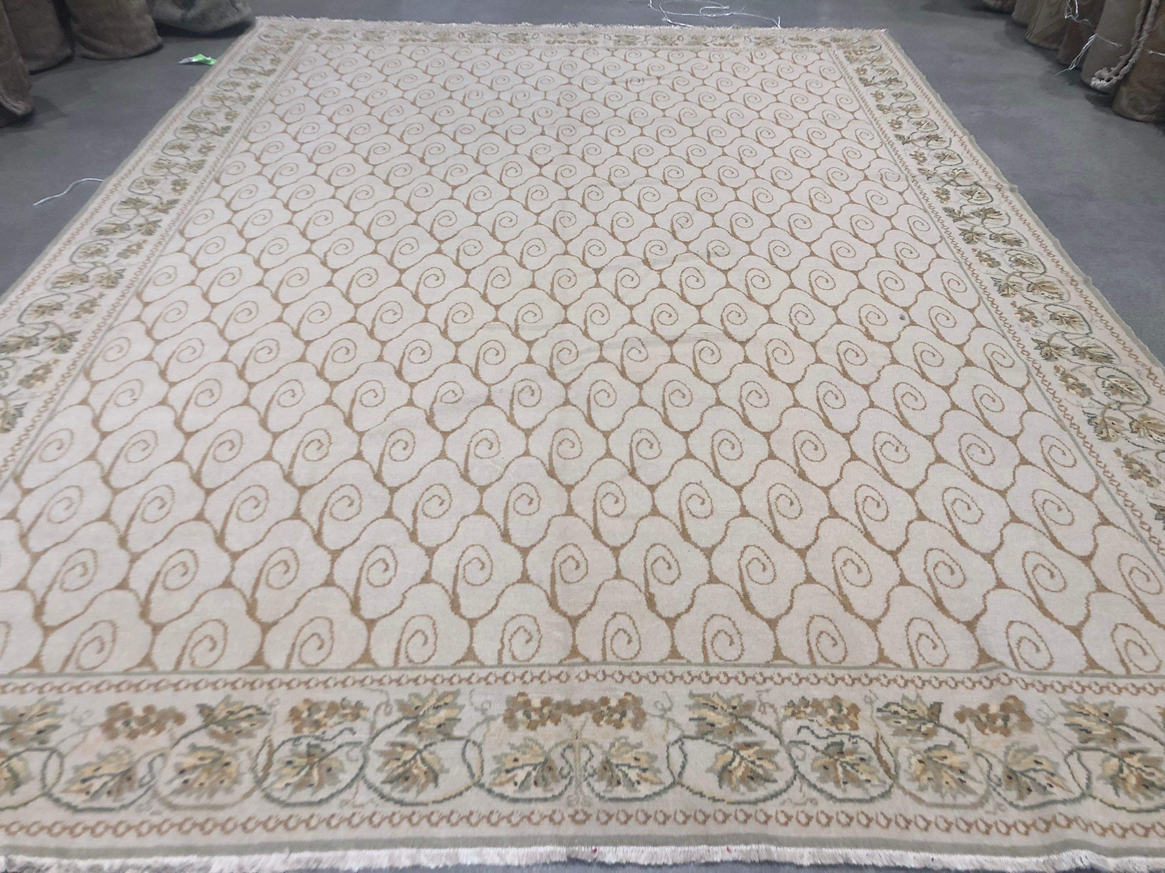 European Beige Leaves and Lines Area Rug For Sale