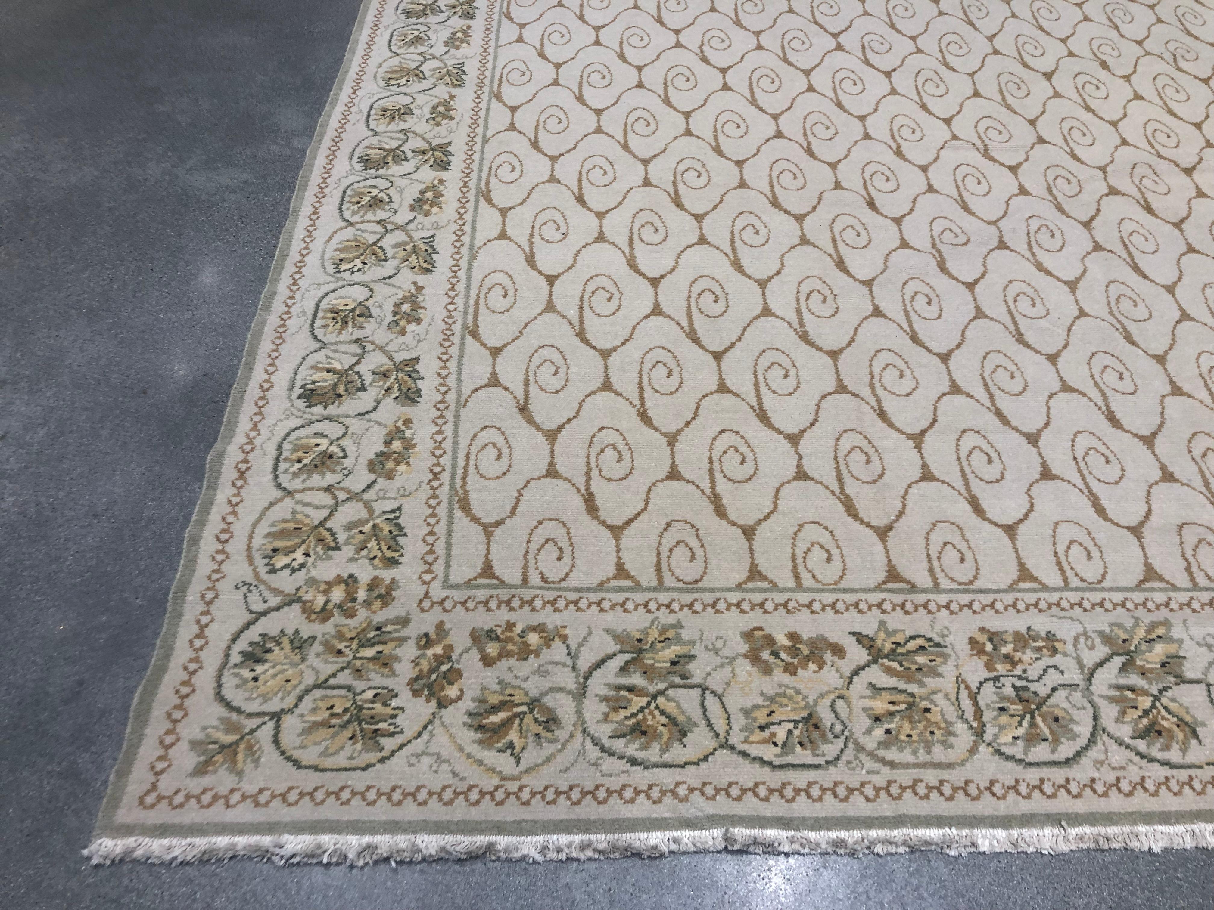 Hand-Knotted Beige Leaves and Lines Area Rug For Sale