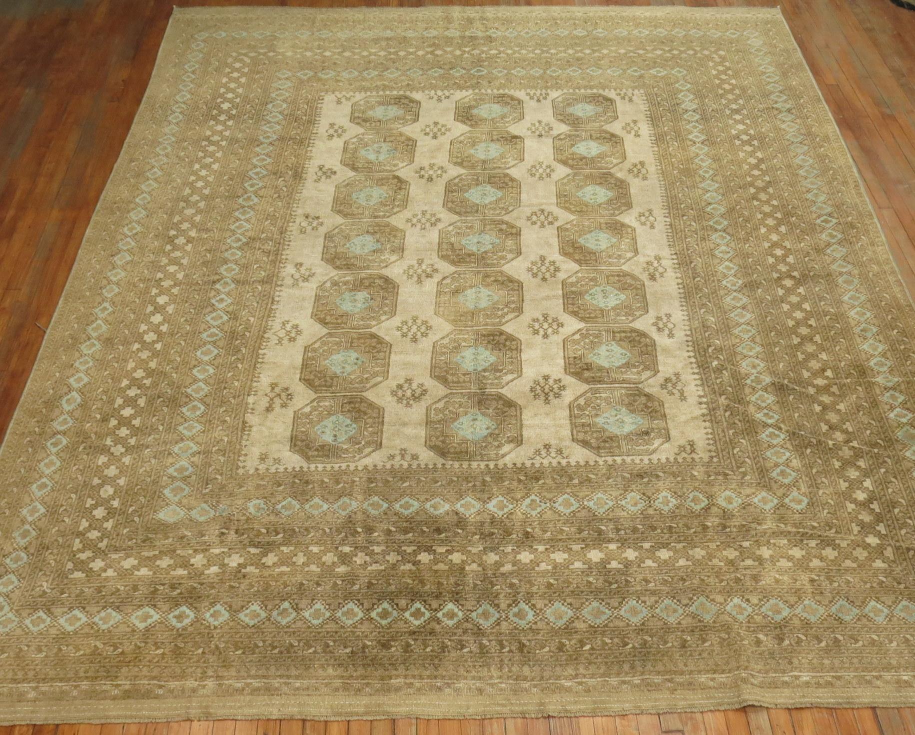 A mid-20th century room size Ersari rug with multiple borders in beige and light brown. The field has a tribal nomadic field highlighted by light blue cotton accents.

Size: 10'5