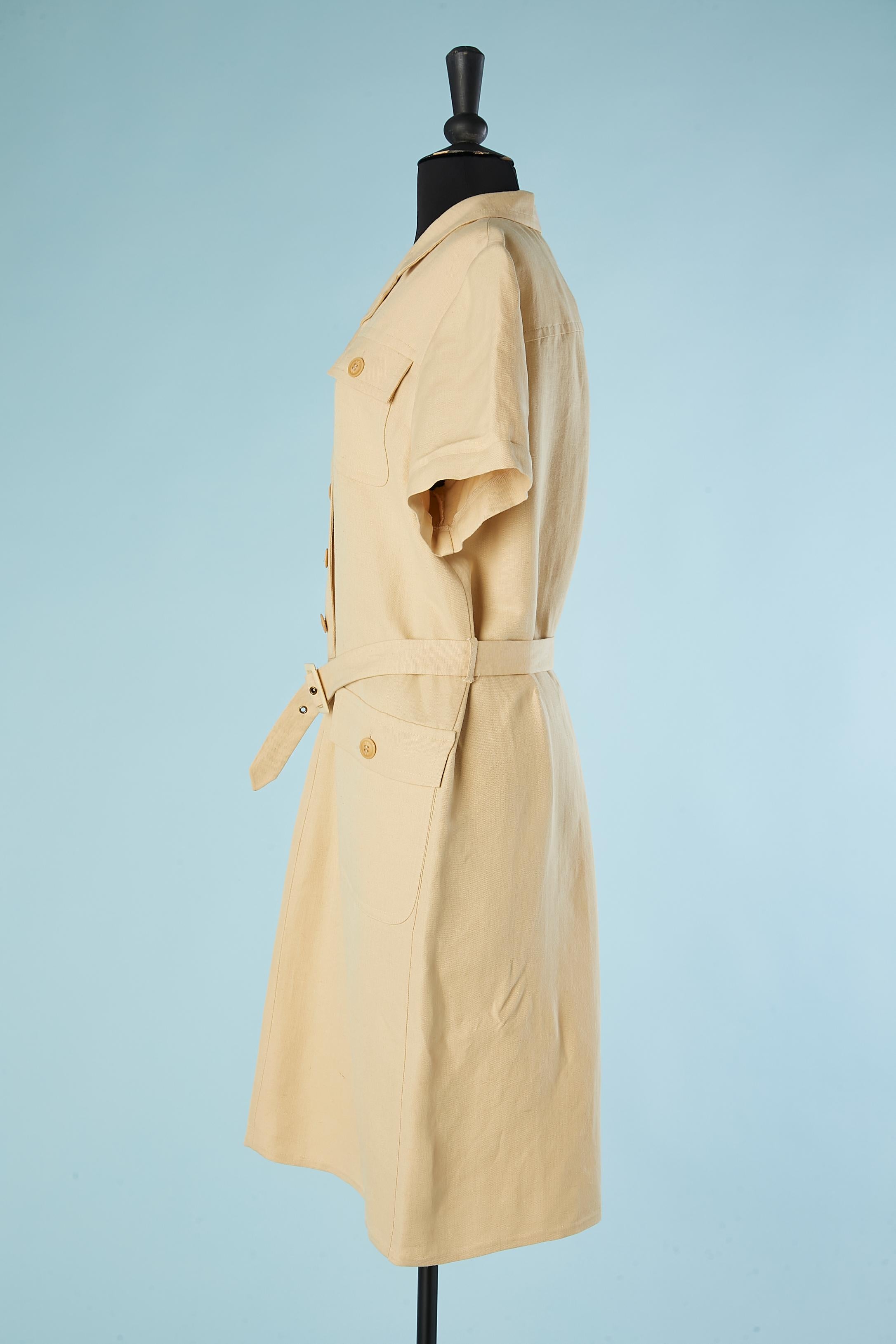 Beige linen and cotton safari's dress Yves Saint Laurent Variation  For Sale 1